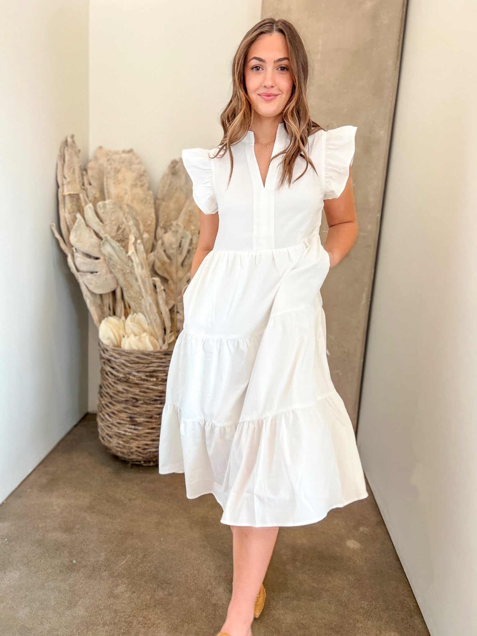Karrie  Tiered Midi Dress, Off White