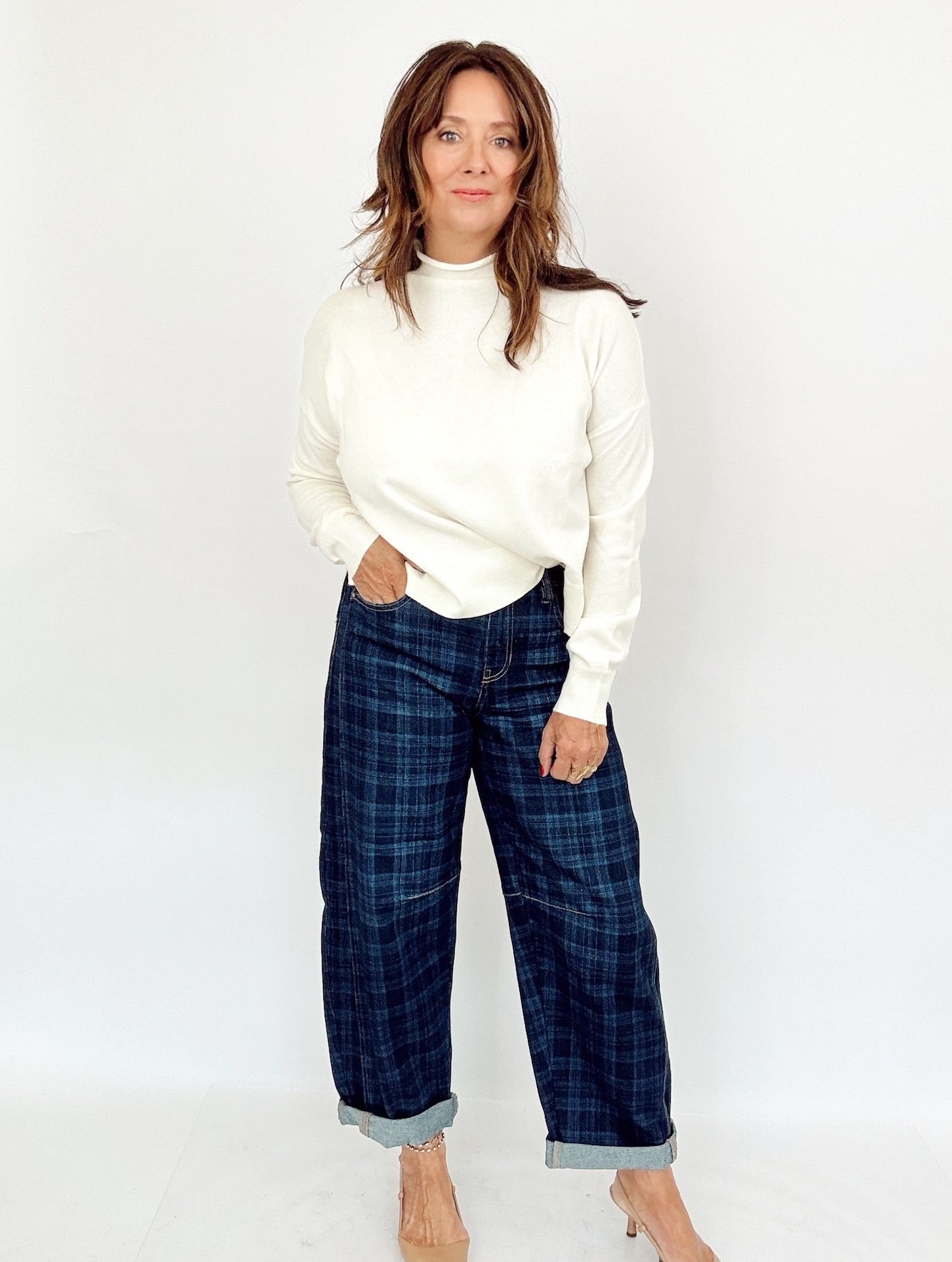 Alba Crop Barrel Cuffed Plaid Jeans