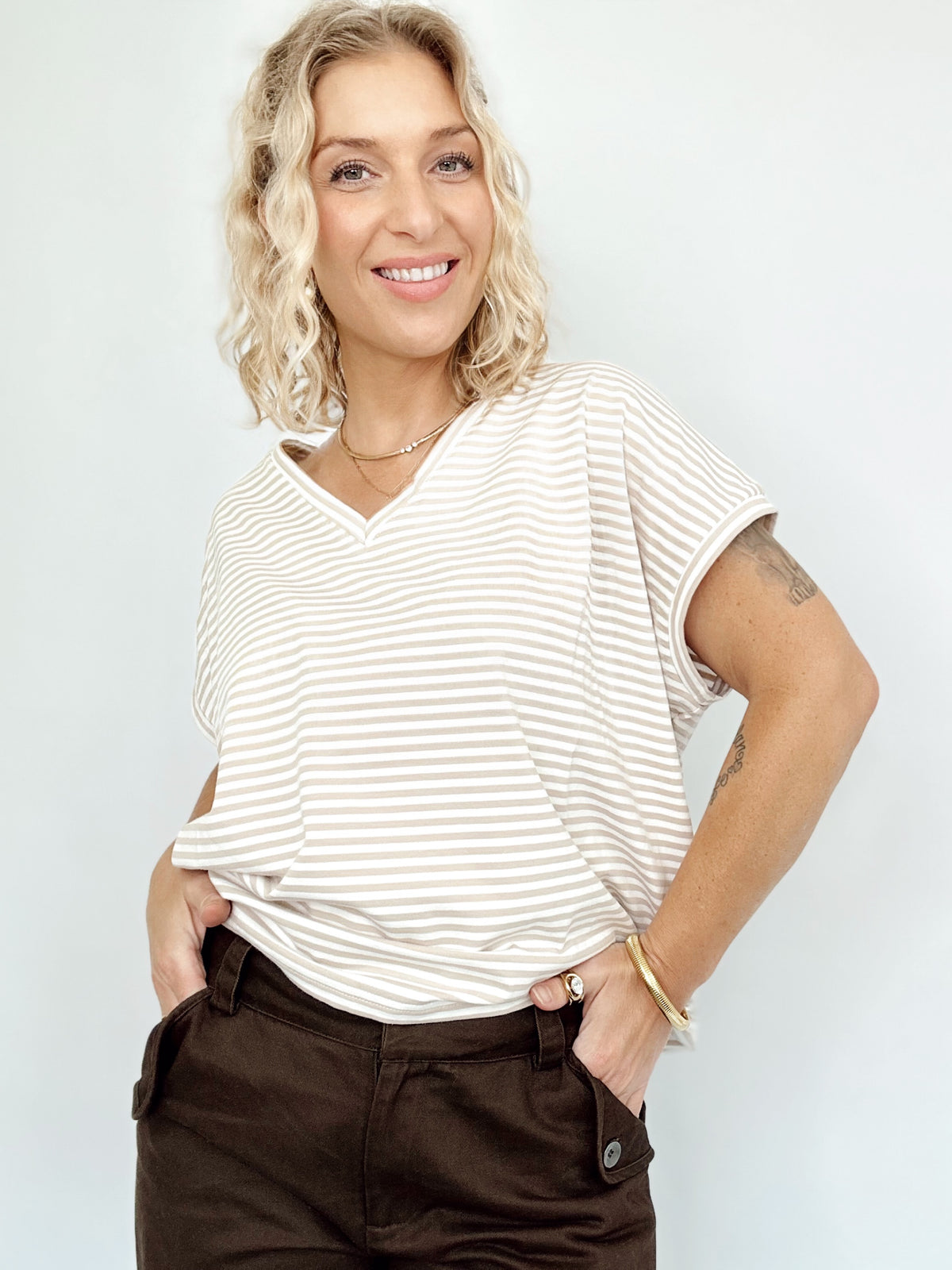 Maggie Stripe Top Beige