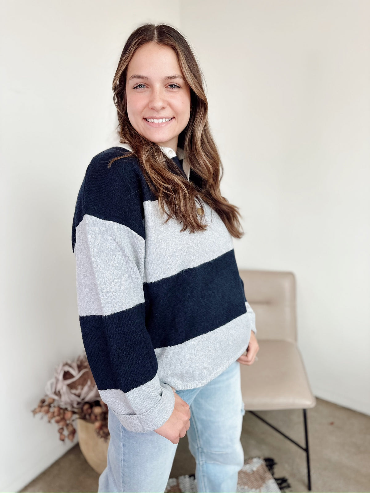 Jamie Striped Polo Sweater Navy/Grey