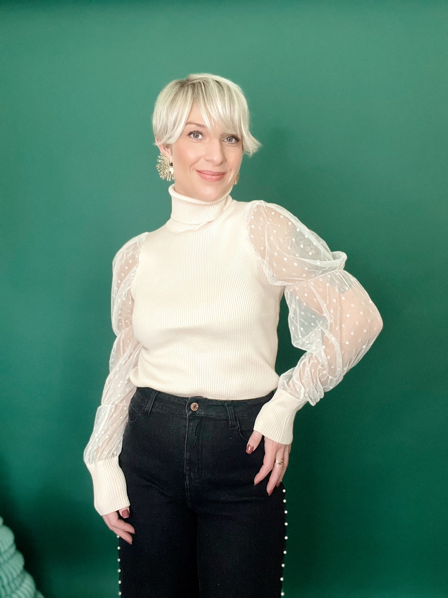 Essie Sheer Polka Dot Sleeve Turtle Neck Top