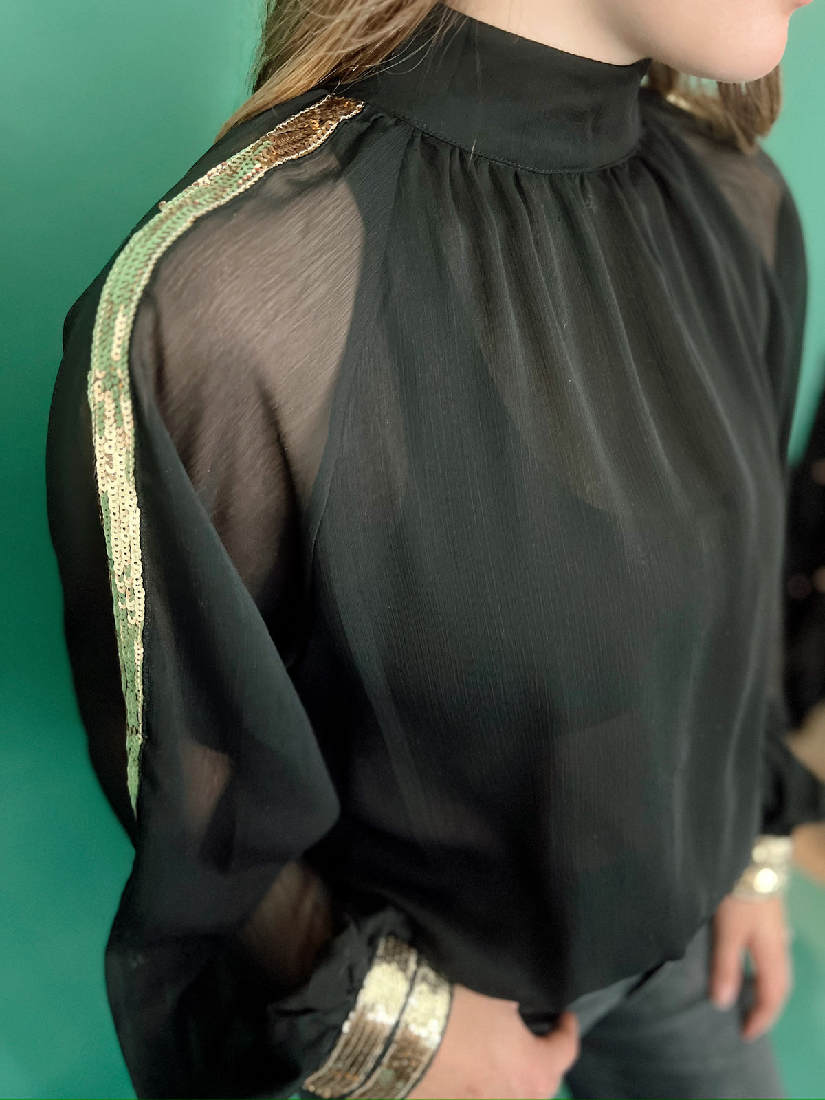 Isabella Raglan Sequin Chiffon Top Black