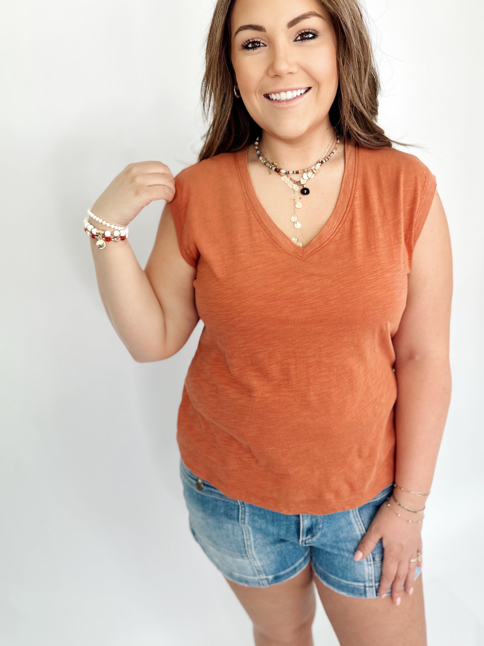 April Slub V-Neck Boxy Tank Top Rust