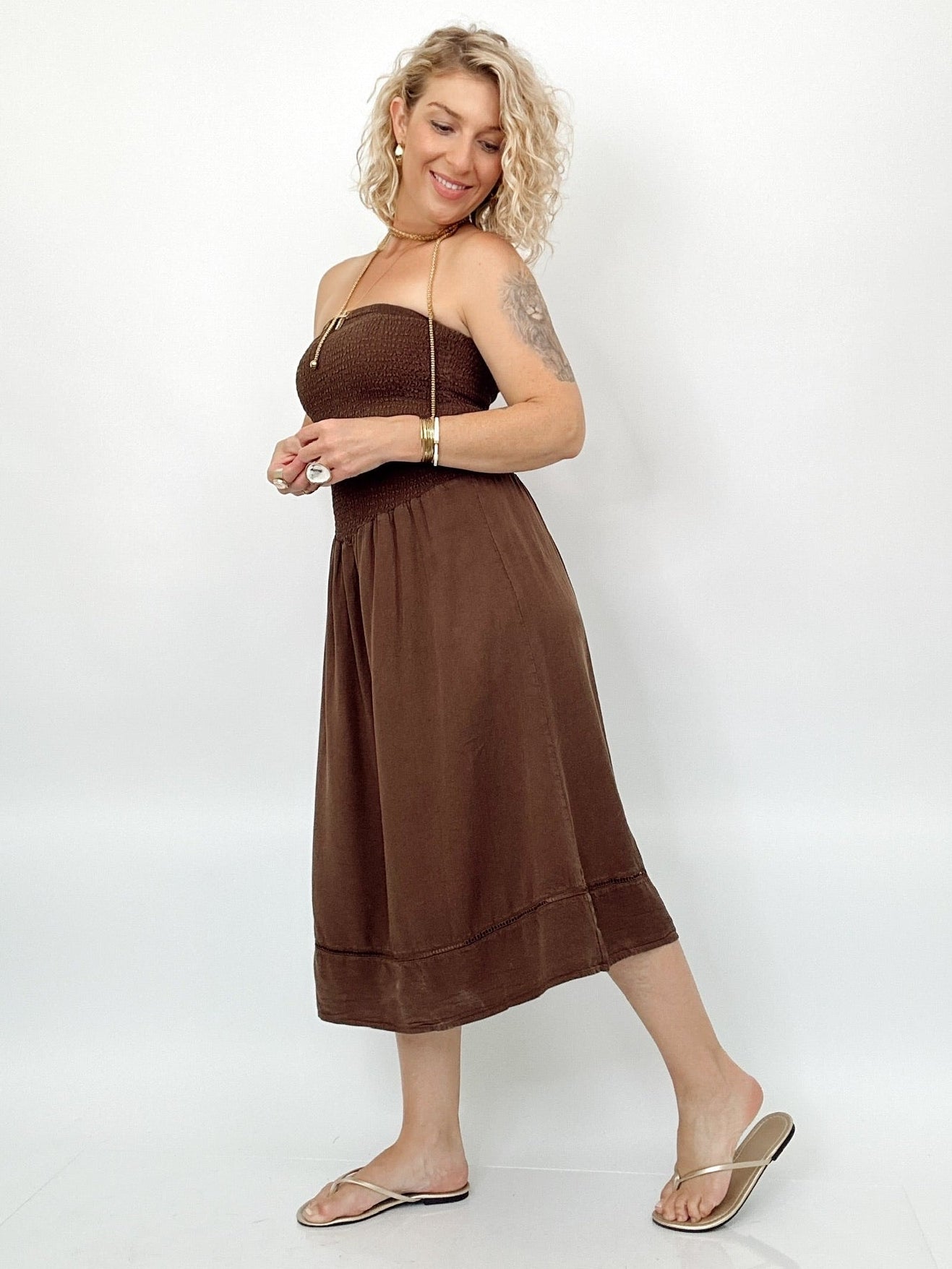 Ava Smocked Strapless Denim Midi Dress Mocha