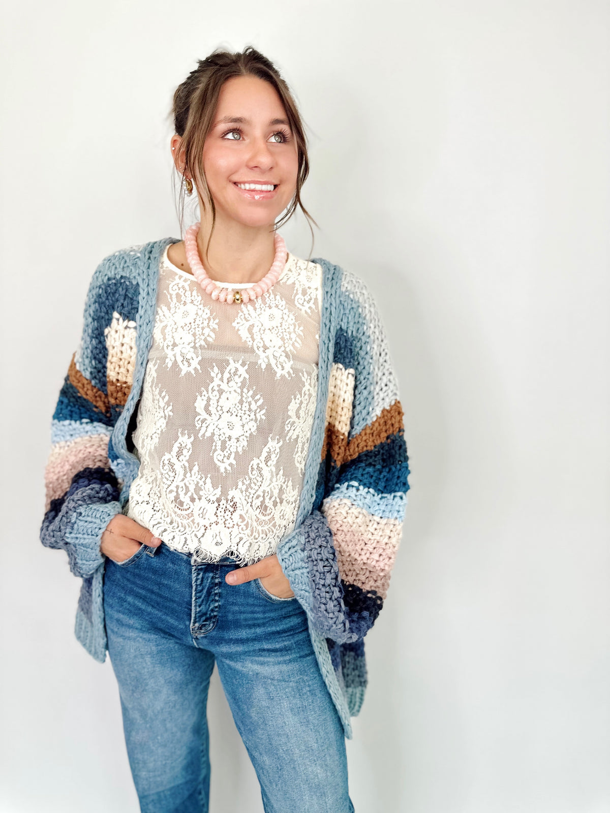 Rana Rainbow Crochet Cardigan Slate Blue