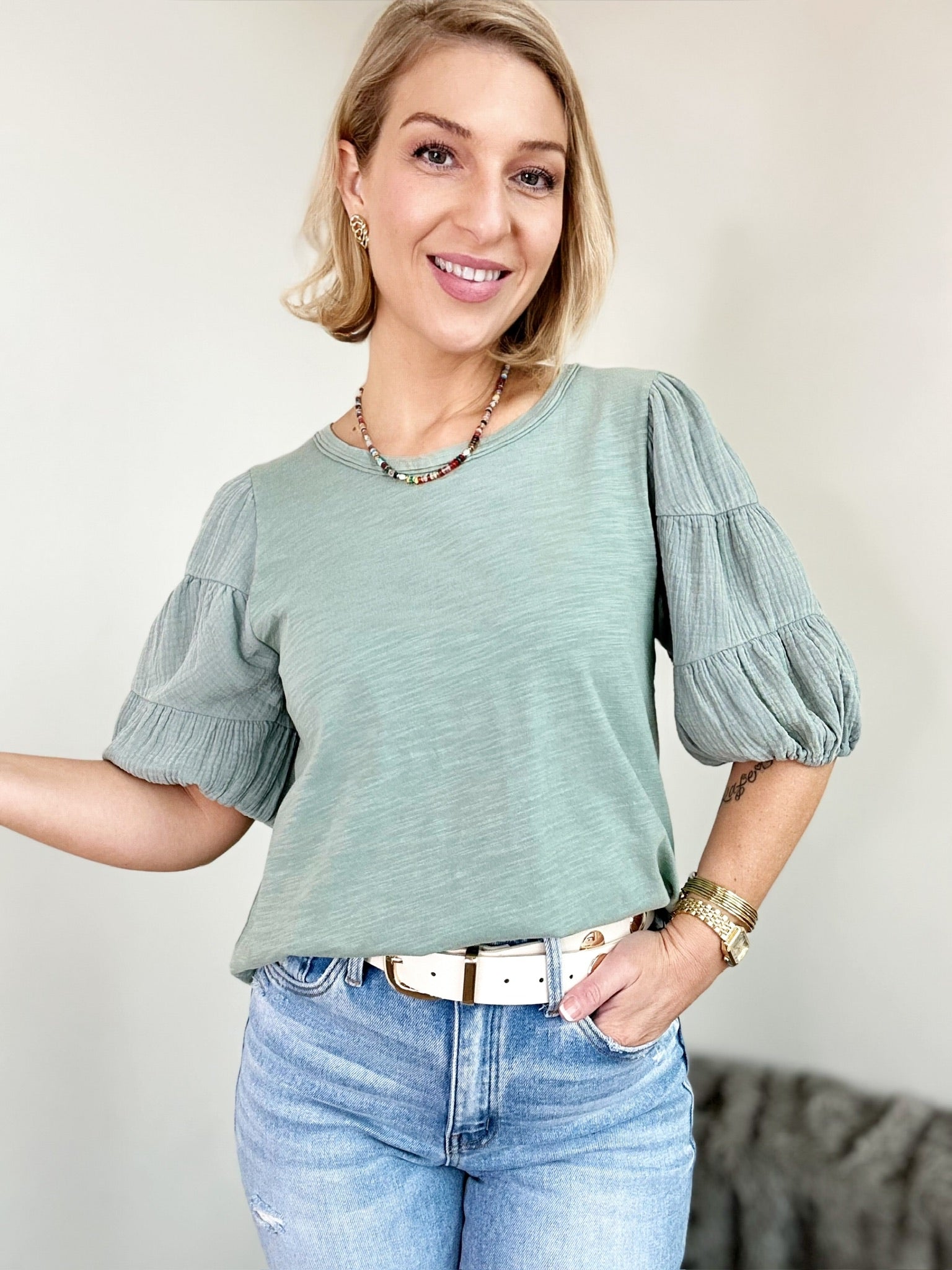 Paula Puff Sleeve Top Sage