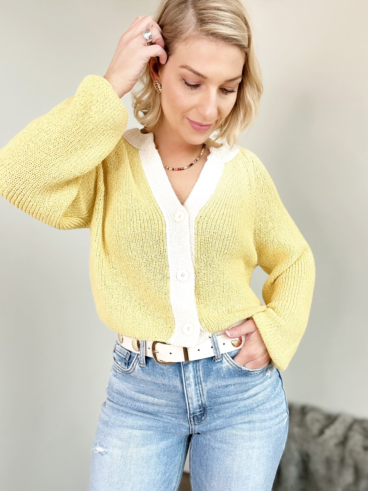 Lexie Contrast Cardigan Sweater Butter Yellow