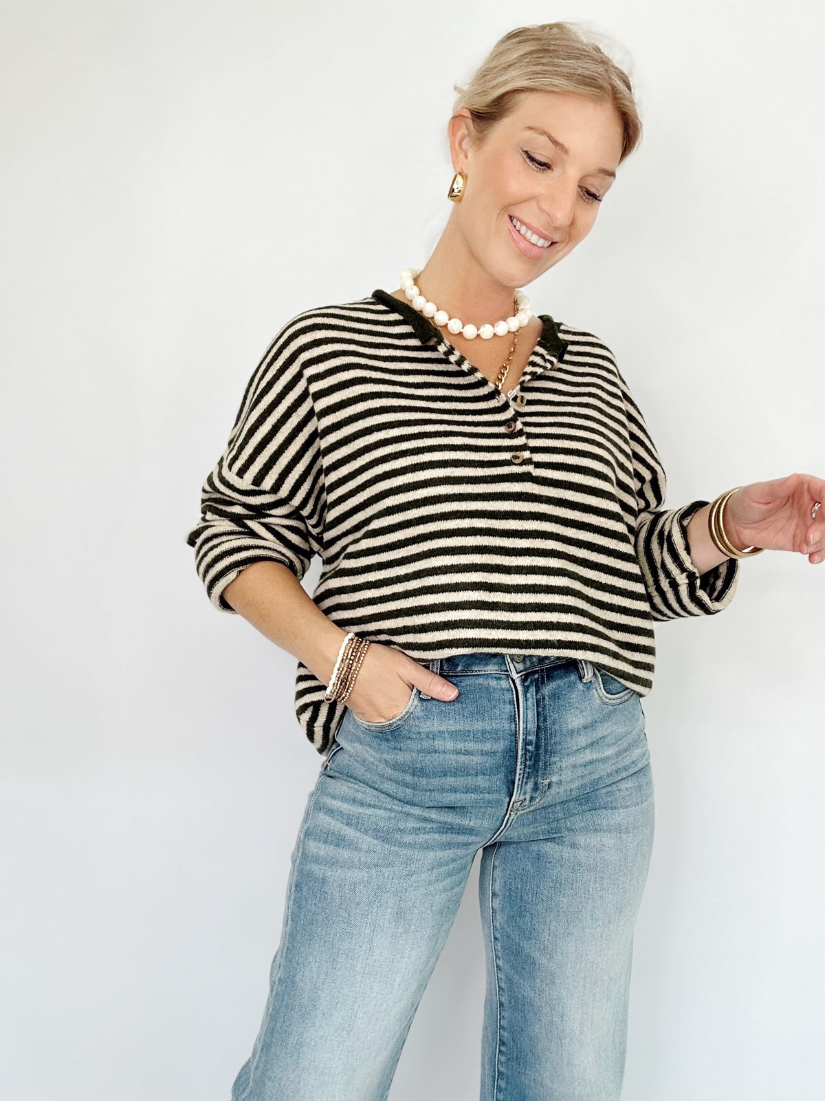 Mindee Henley Stripe Sweater Deep Brown