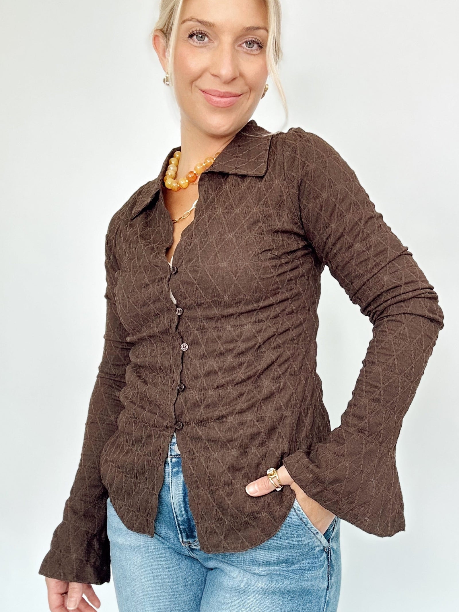 Paula Textured Button Up Collared Top Chestnut