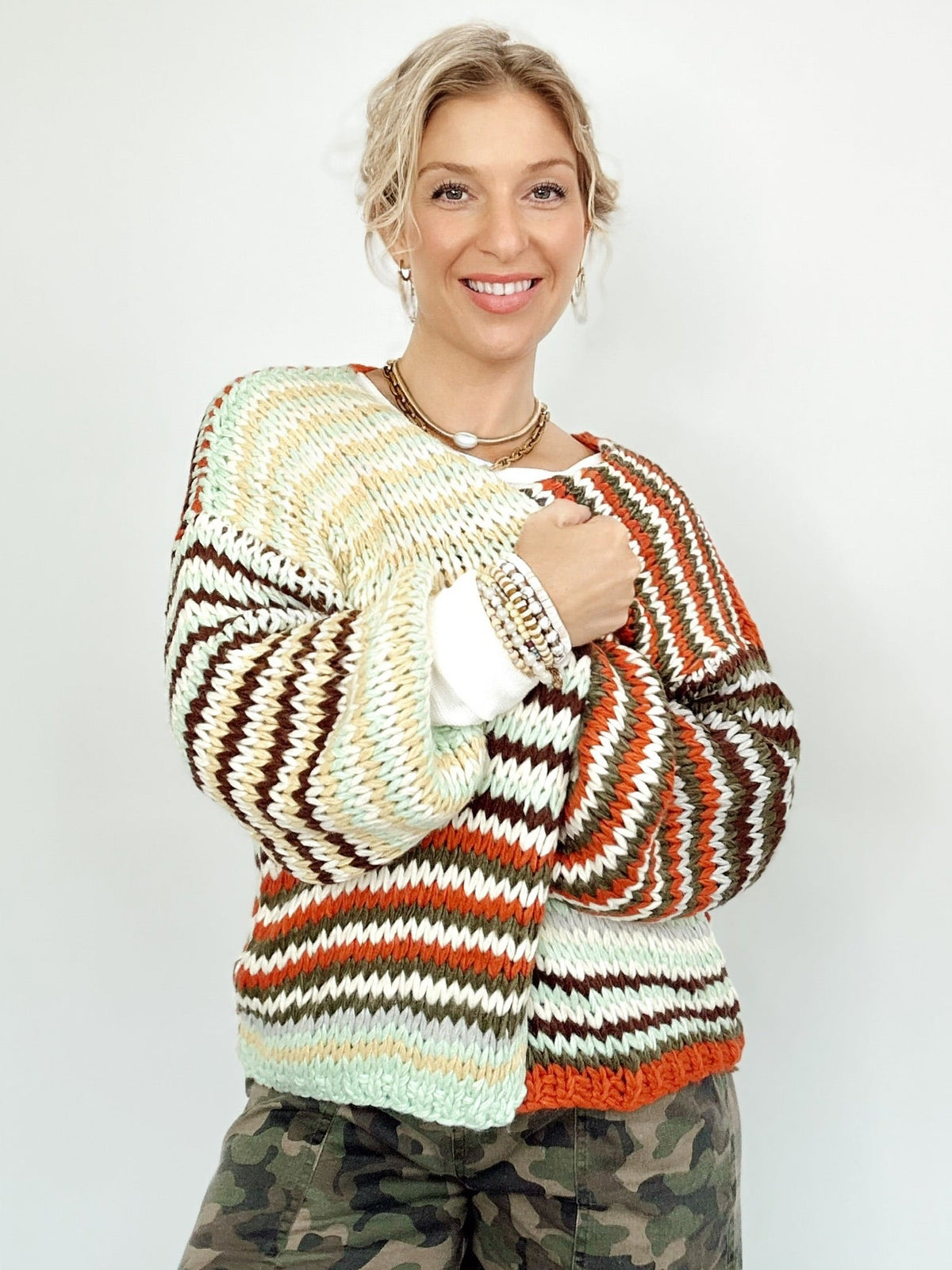 Kim Multi Stripe Chunky Knit Cardigan Rust