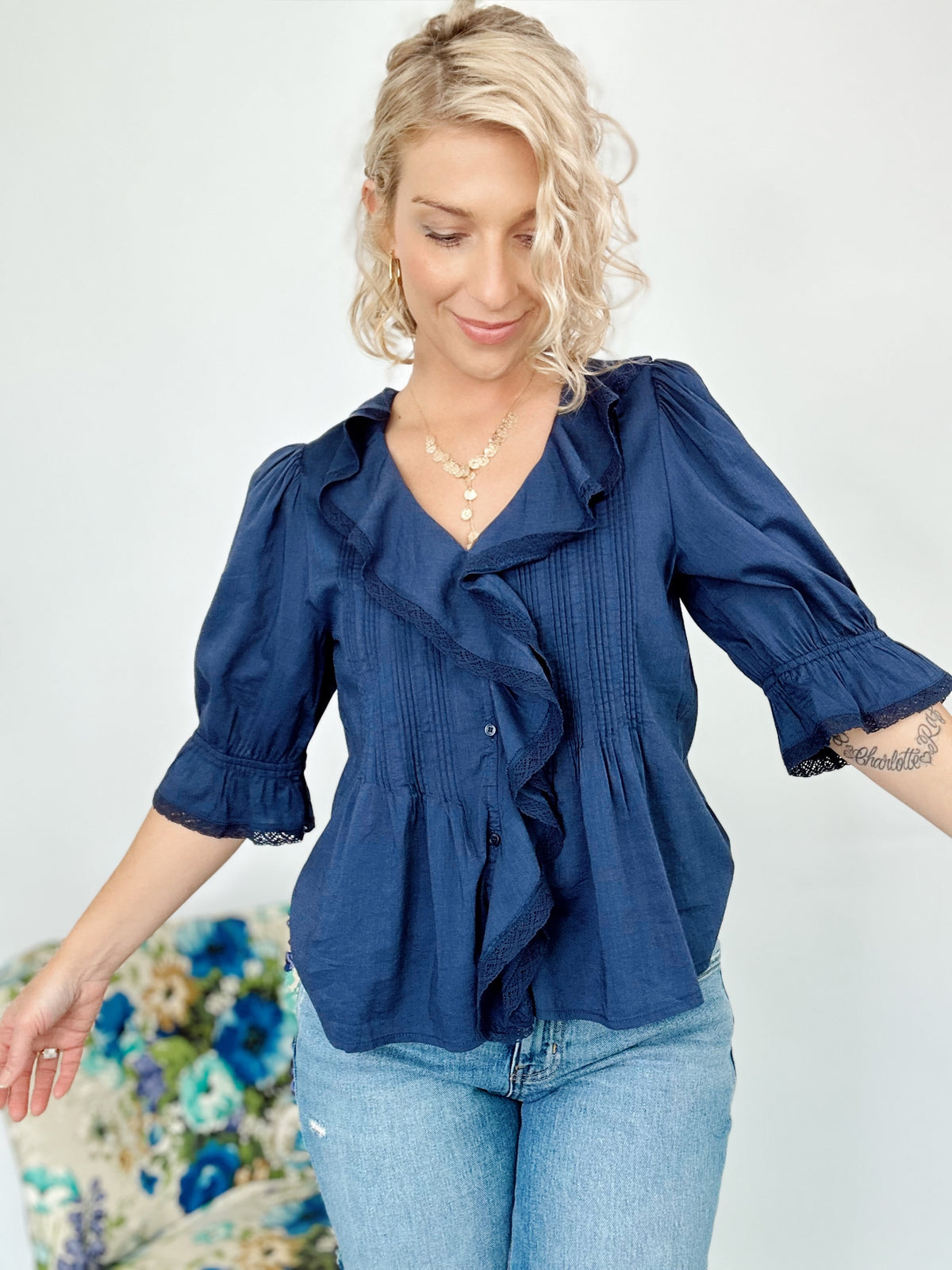Raquel Ruffled Pintuck Blouse Indigo