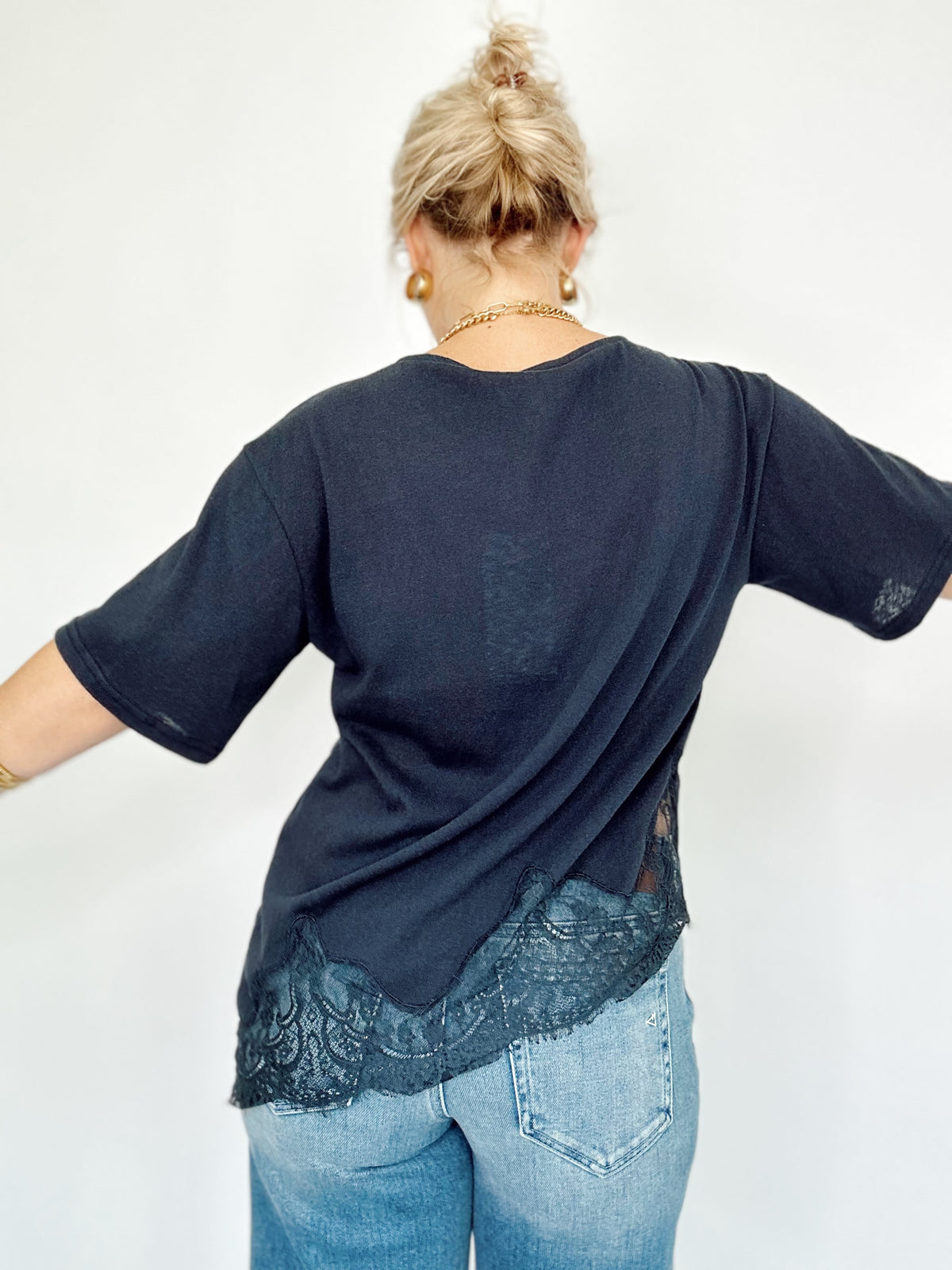 Kara Slub Knit Lace Hem Tee Navy