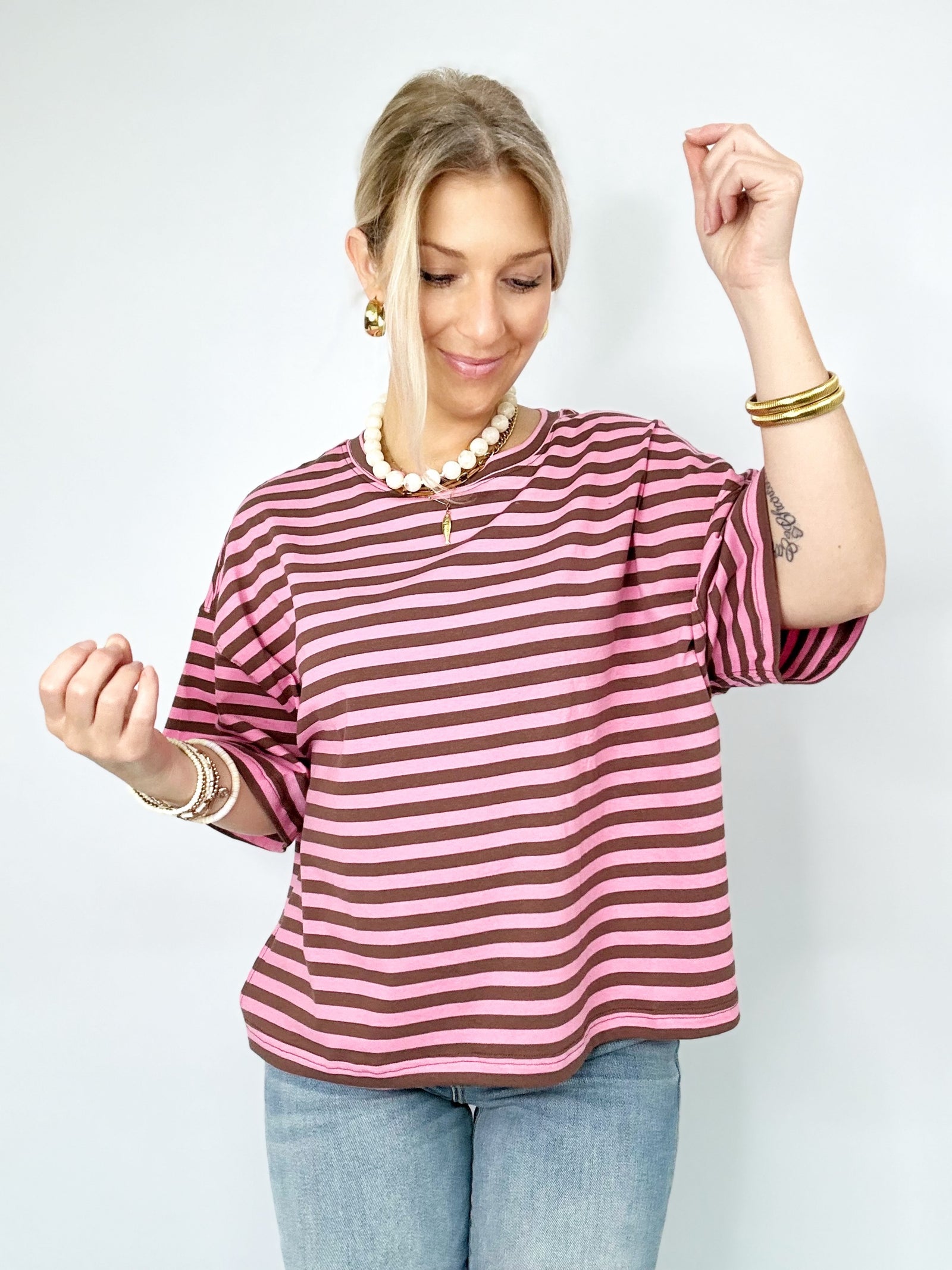 Vivian Stripe Oversized Boyfriend Tee Chocolate