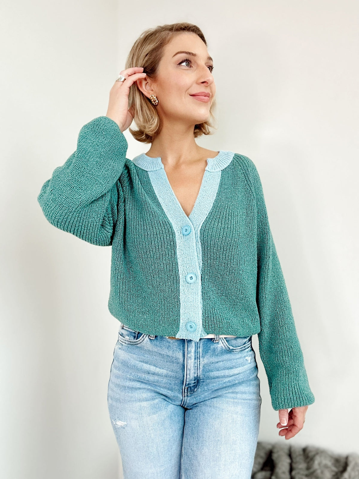 Lexie Contrast Cardigan Sweater Tropical Teal