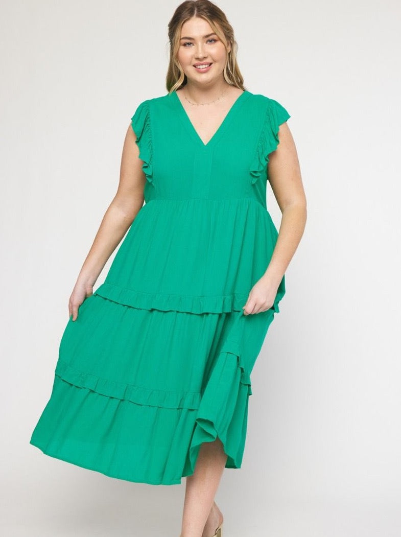 Janis  V-Neck Ruffle Dress, Green