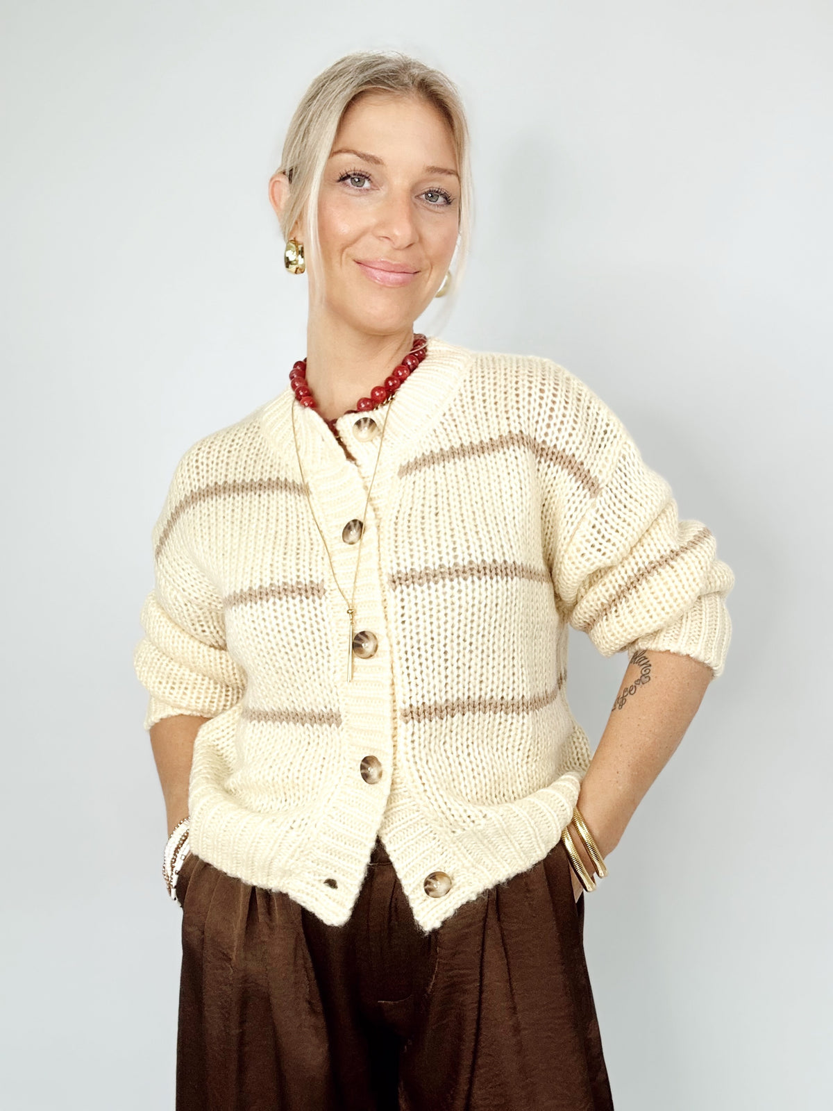 Lulu Stripe Jacquard Knit Cardigan Butter Yellow