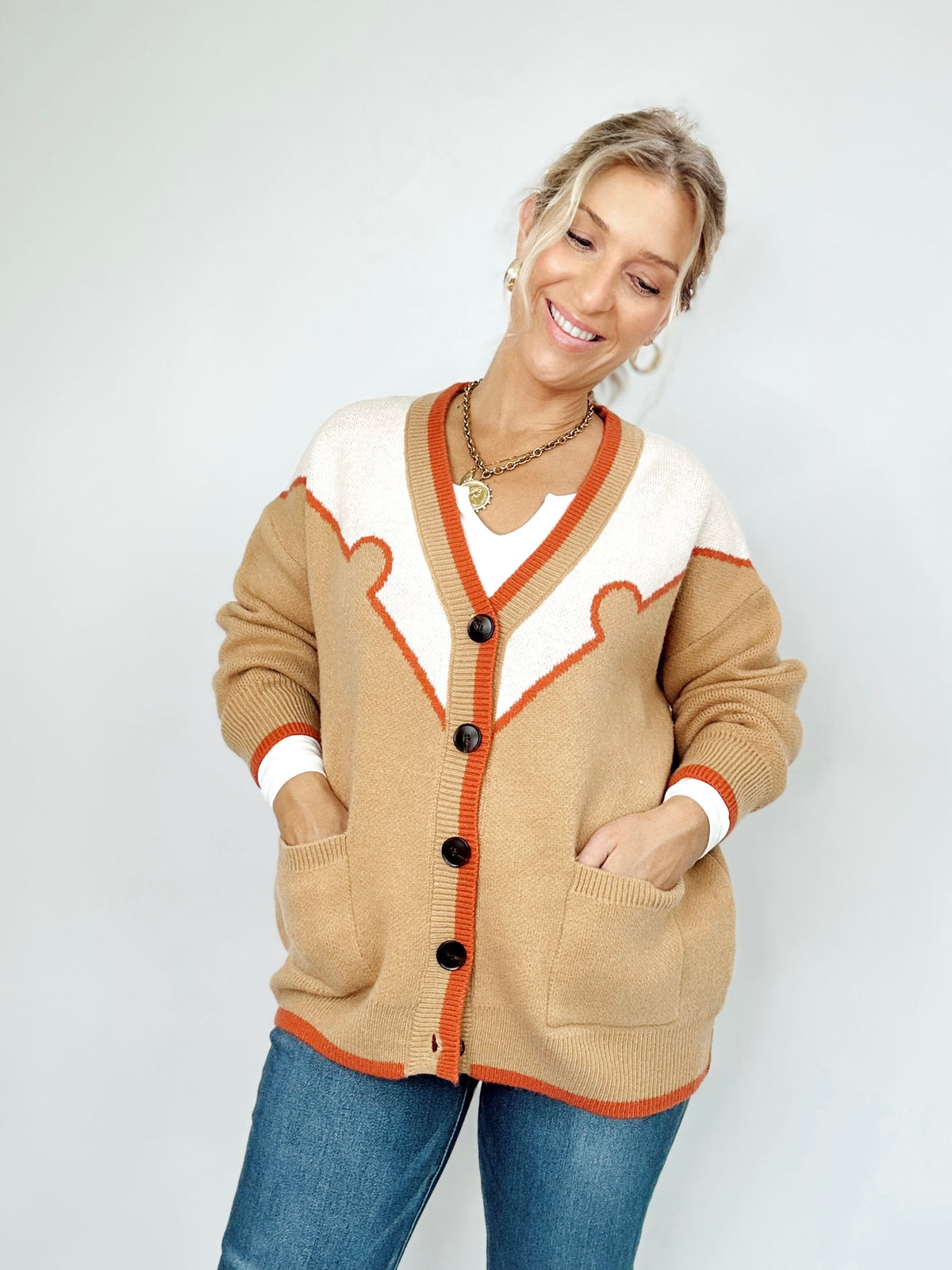 Horse Embroidered Sweater Cardigan Latte