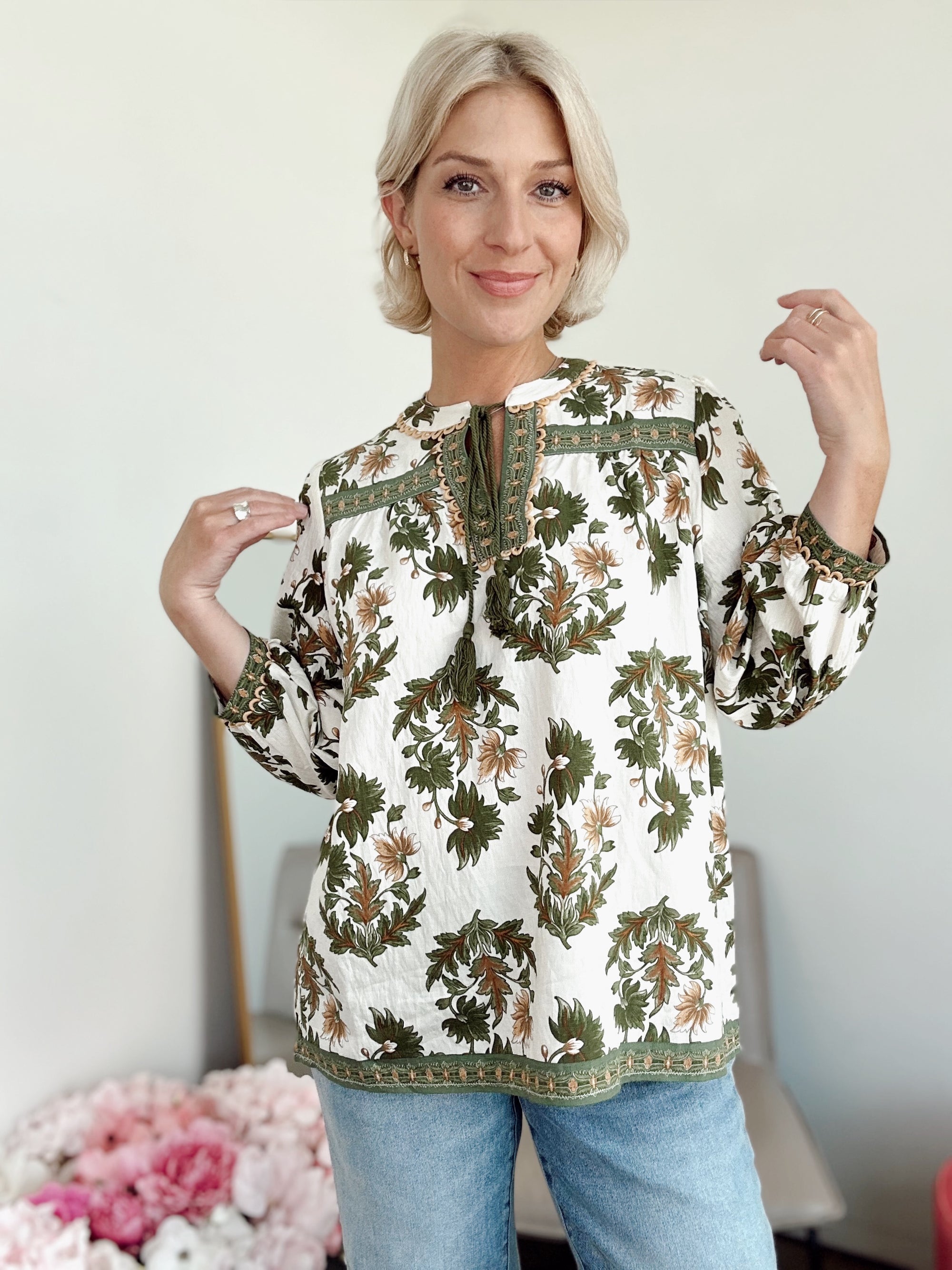 Janine Floral Blouse Olive