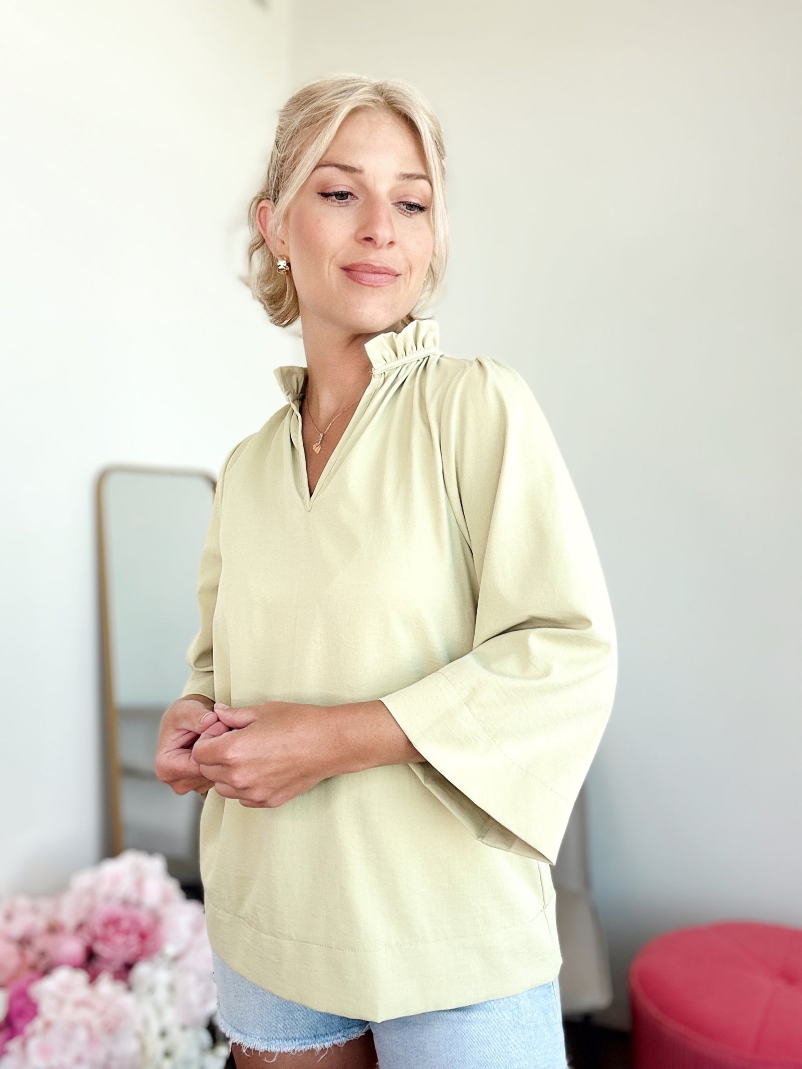 Tina Ruffled Neck Blouse Grass