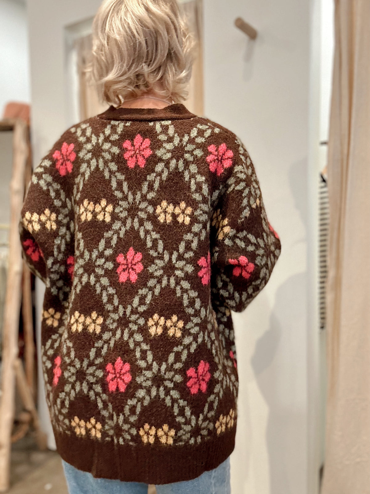 Harlee Floral Fuzzy Cardigan Brown