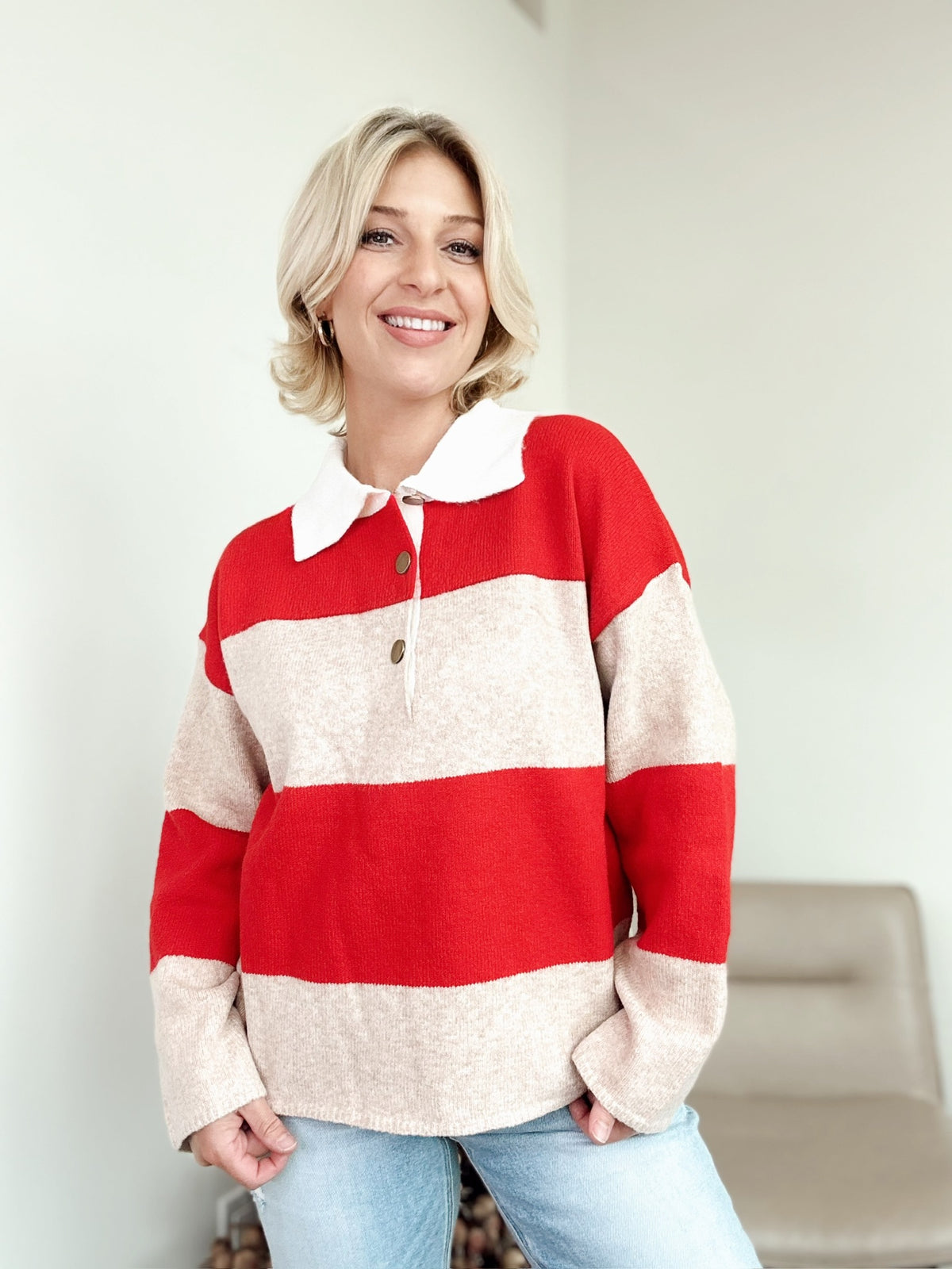 Jamie Striped Polo Sweater Taupe/Red