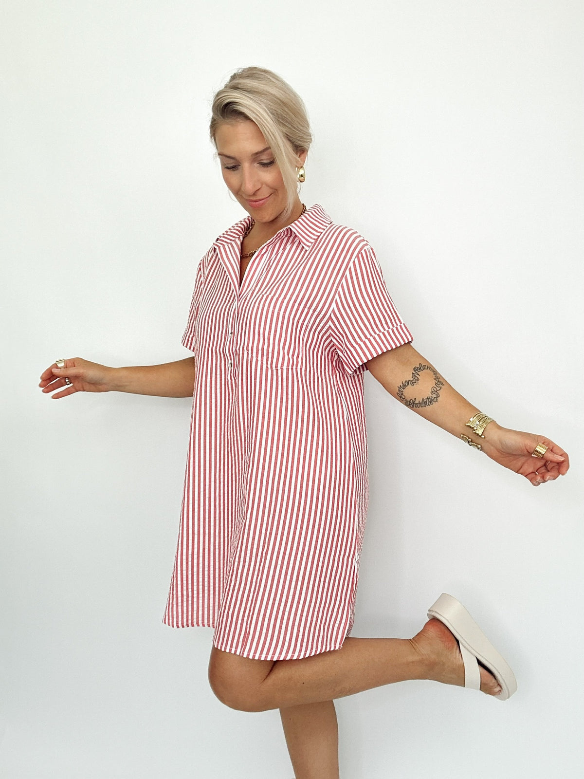 Macy Striped Shirt Dress Red/White