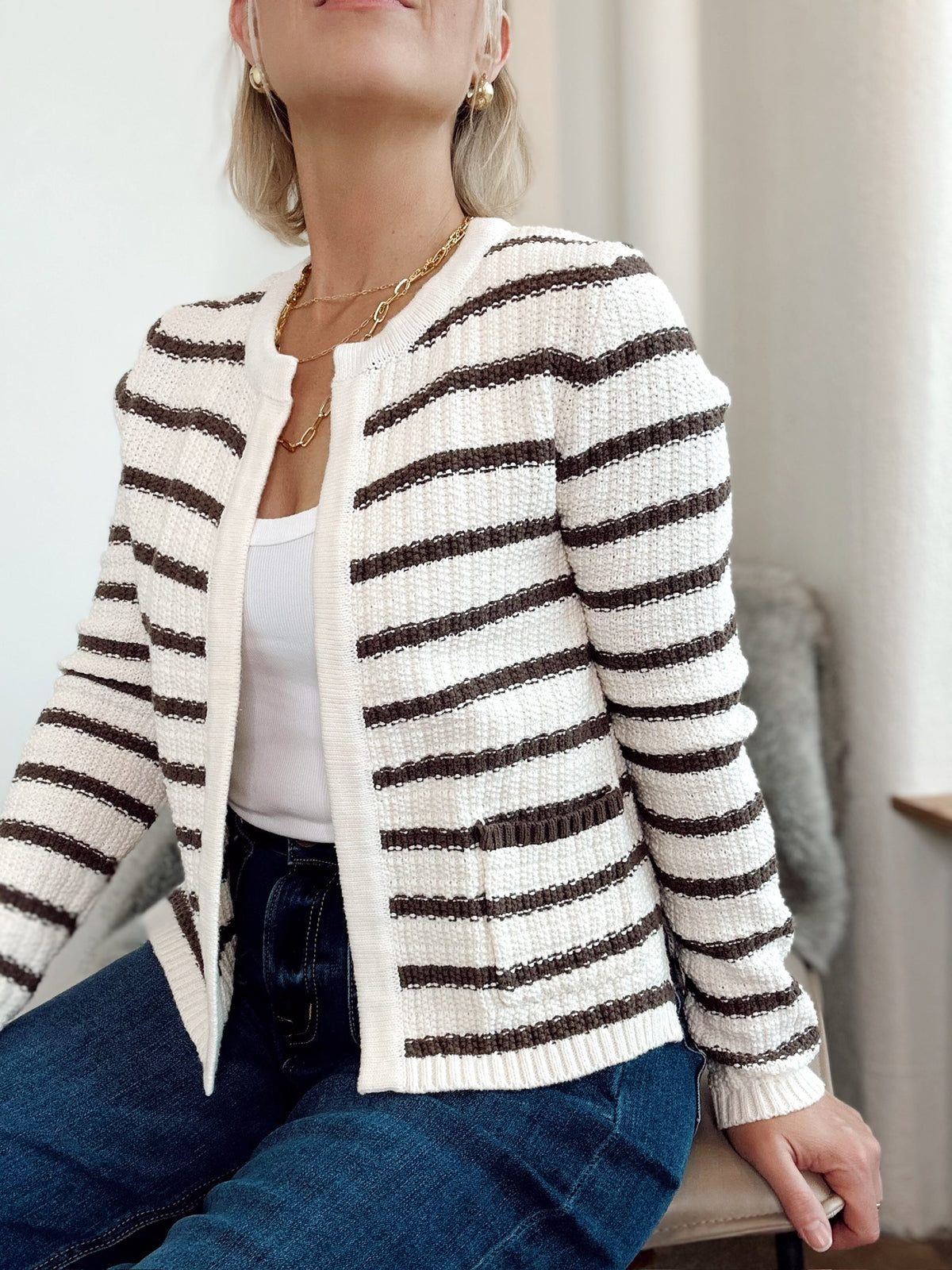 Tara Stripe Open Cardigan Brown