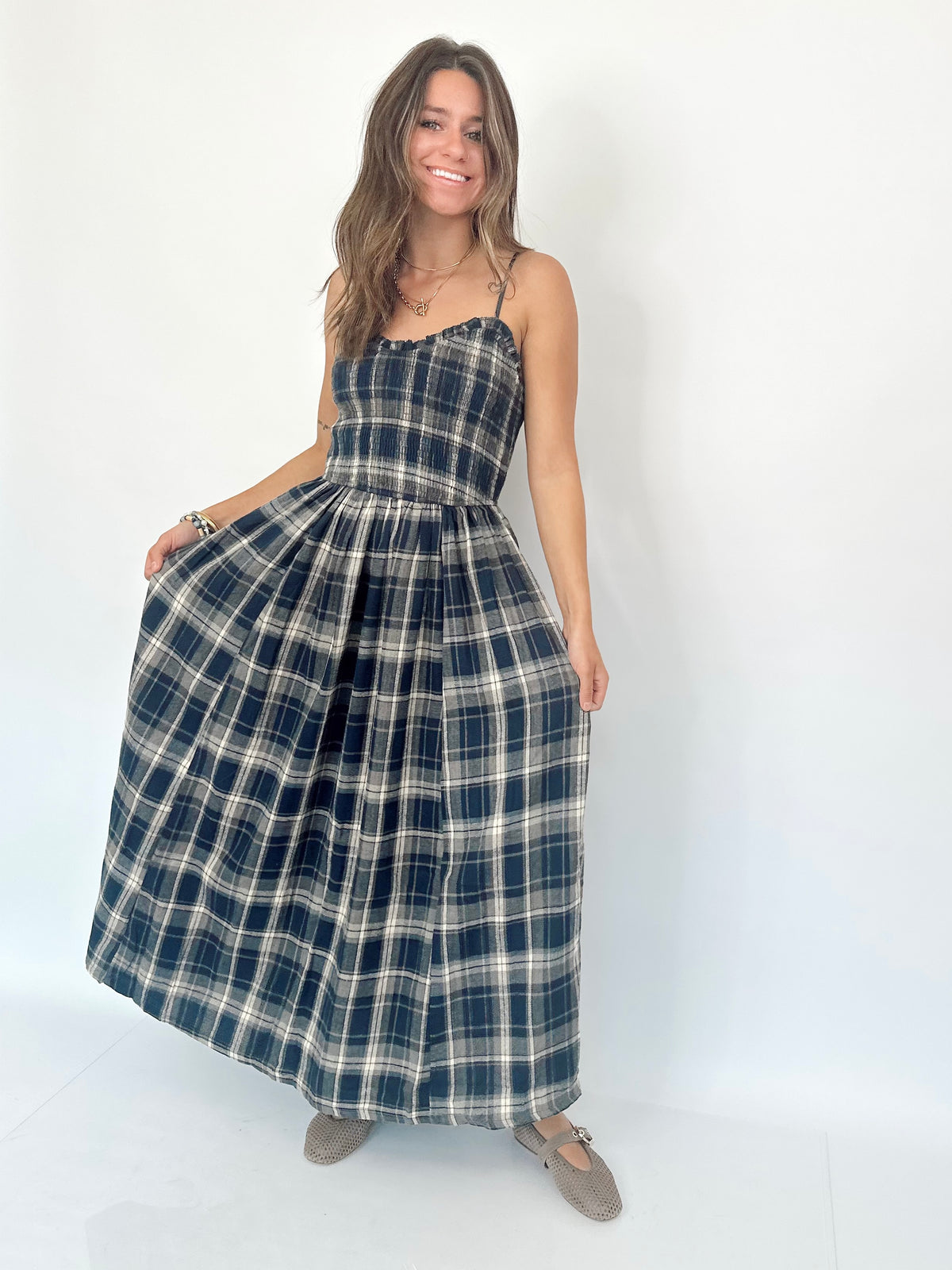 Cassie Plaid Smocked Maxi Dress