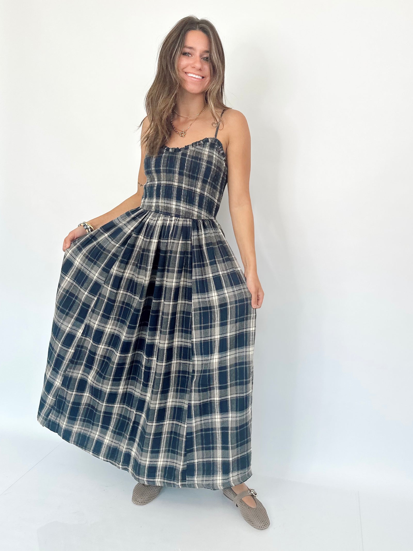 Cassie Plaid Smocked Maxi Dress