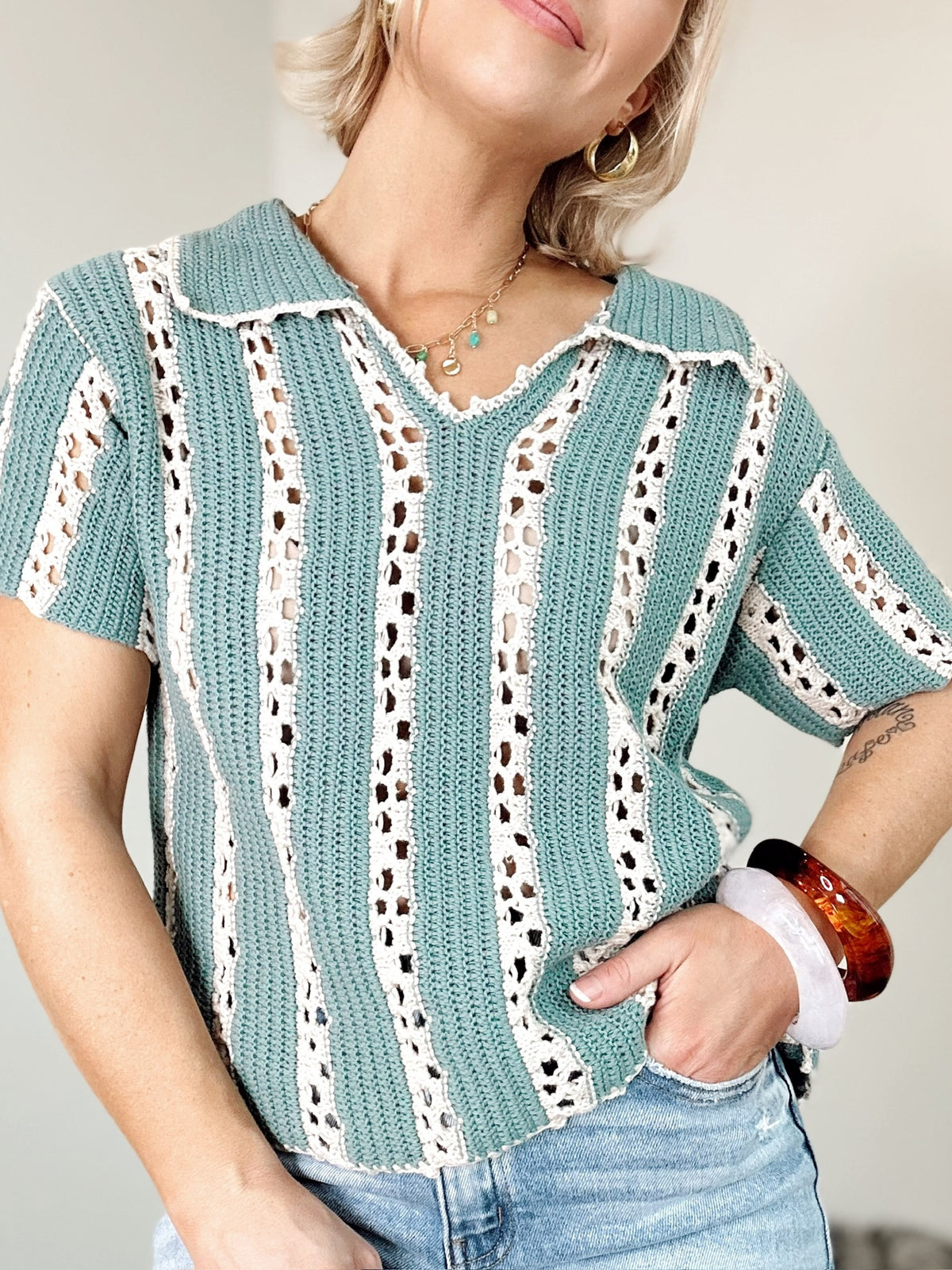 Talia Crochet Knit Top Jade