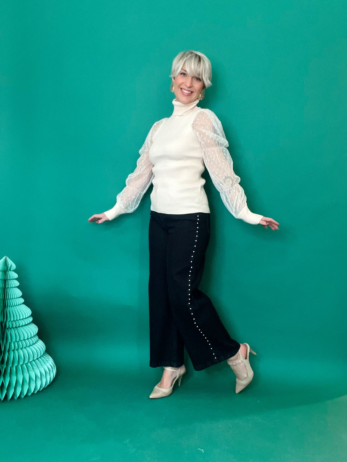 Essie Sheer Polka Dot Sleeve Turtle Neck Top