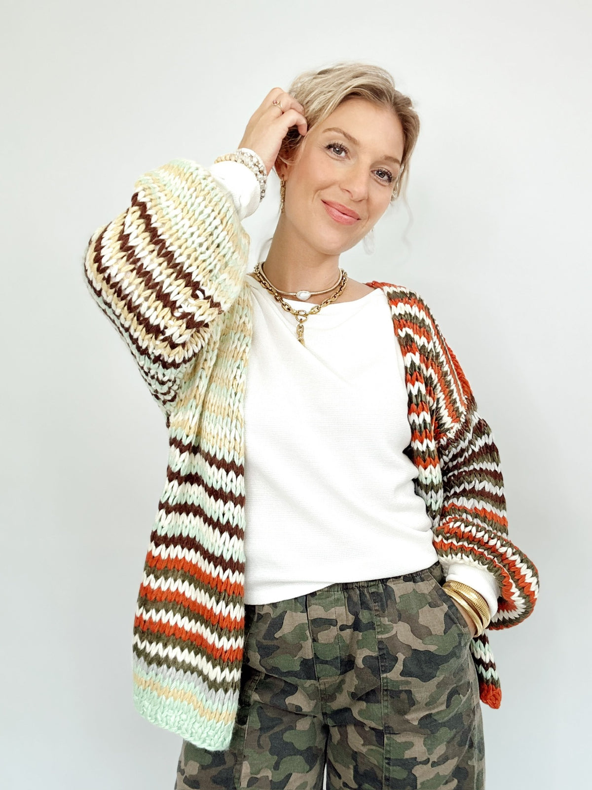 Kim Multi Stripe Chunky Knit Cardigan Rust