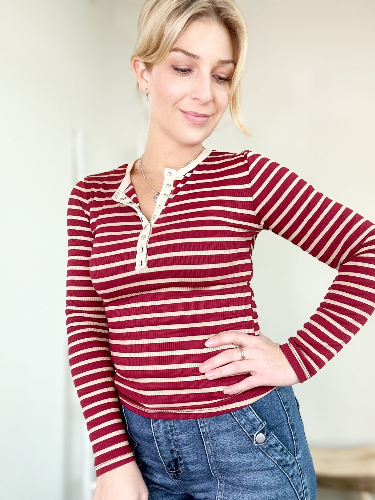 Bridget Stripe Knit Henley Top Deep Red
