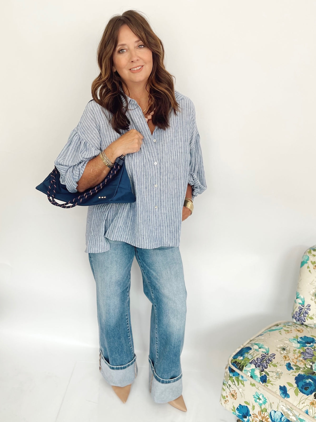 Macie Balloon Sleeve Stripe Shirt Blue