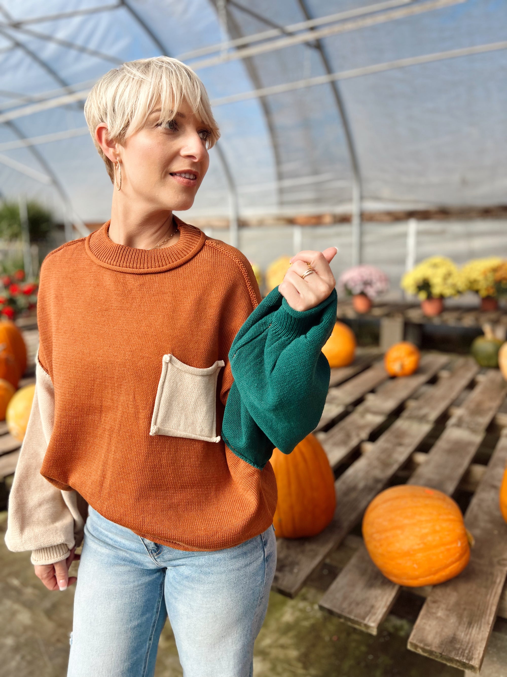 Shayleigh Oversized Colorblock Sweater, Burnt Topaz Multi