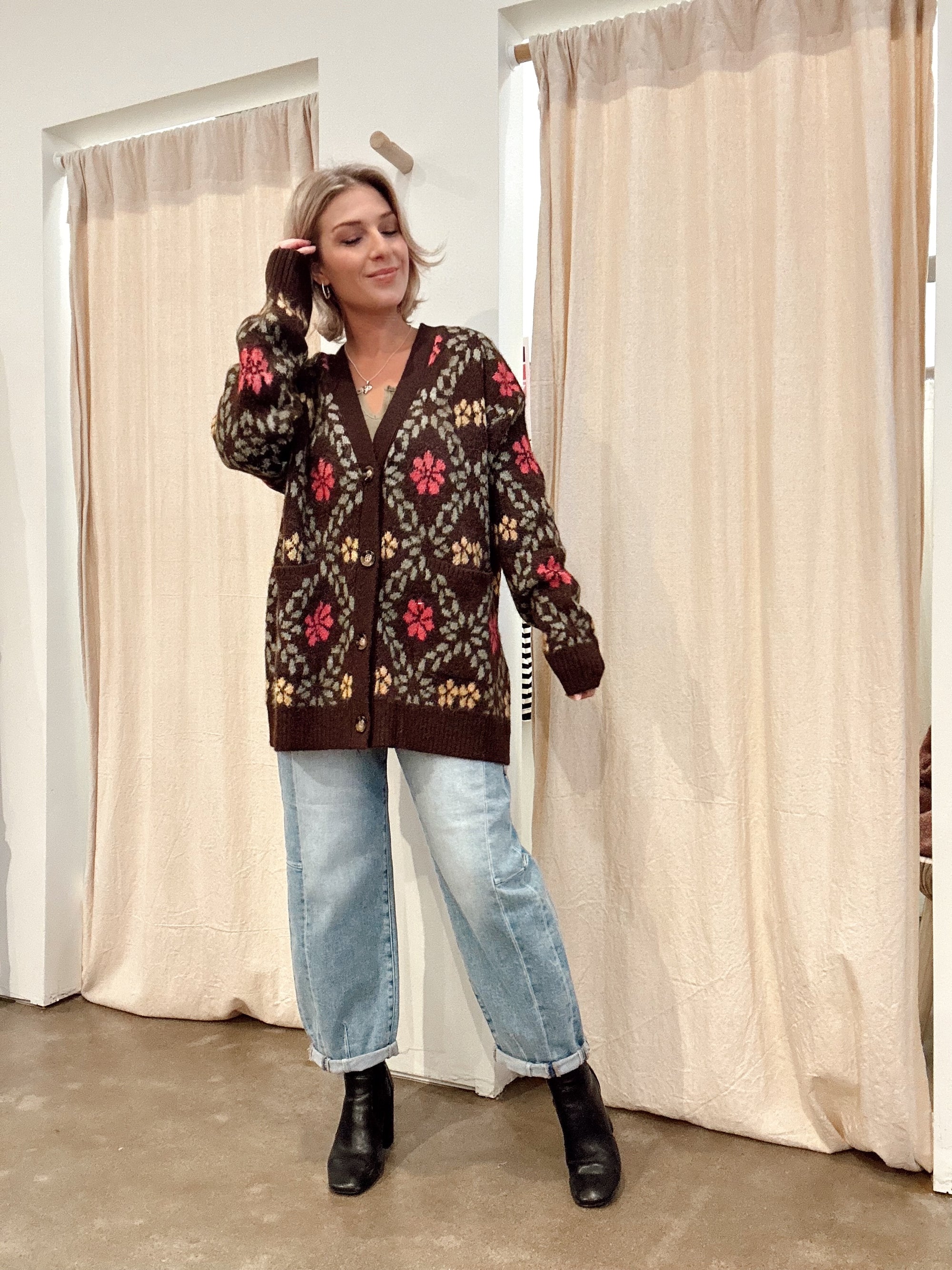 Harlee Floral Fuzzy Cardigan Brown