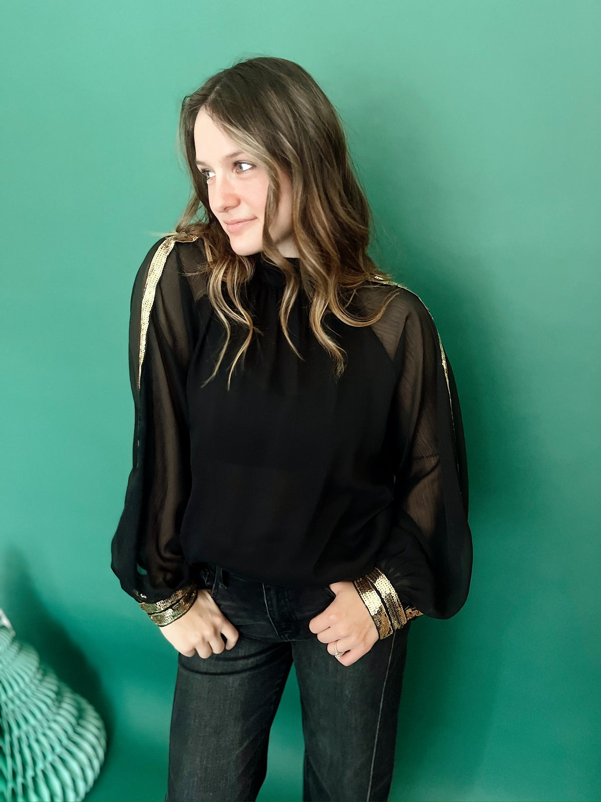 Isabella Raglan Sequin Chiffon Top Black