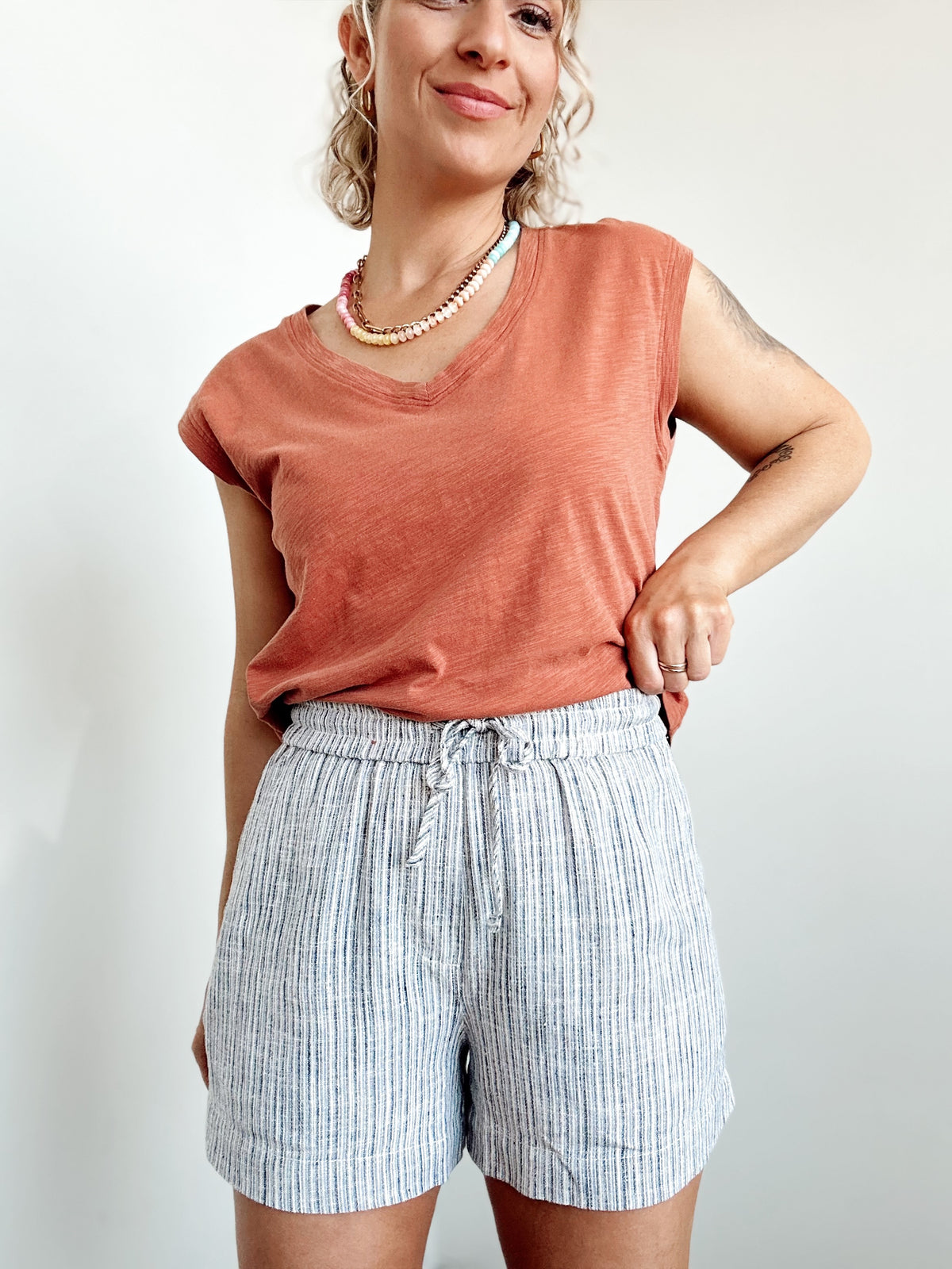 Desi Linen Blend Striped Shorts Slate
