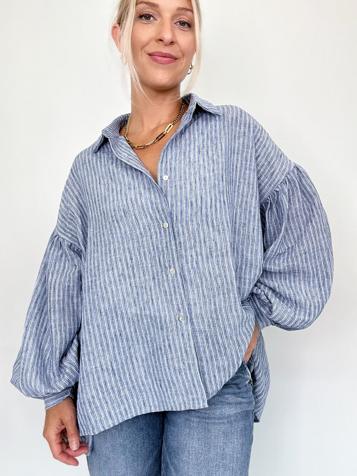 Macie Balloon Sleeve Stripe Shirt Blue