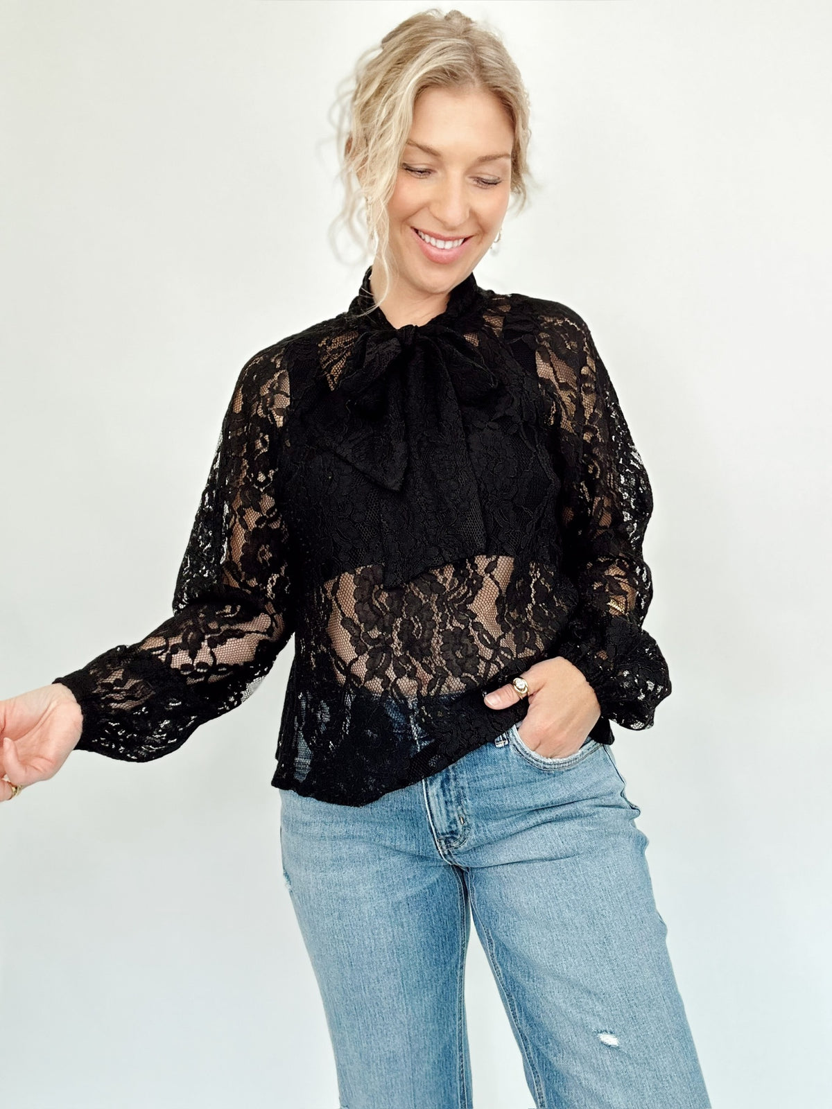Juliet Sheer Lace Tie Neck Blouse Black