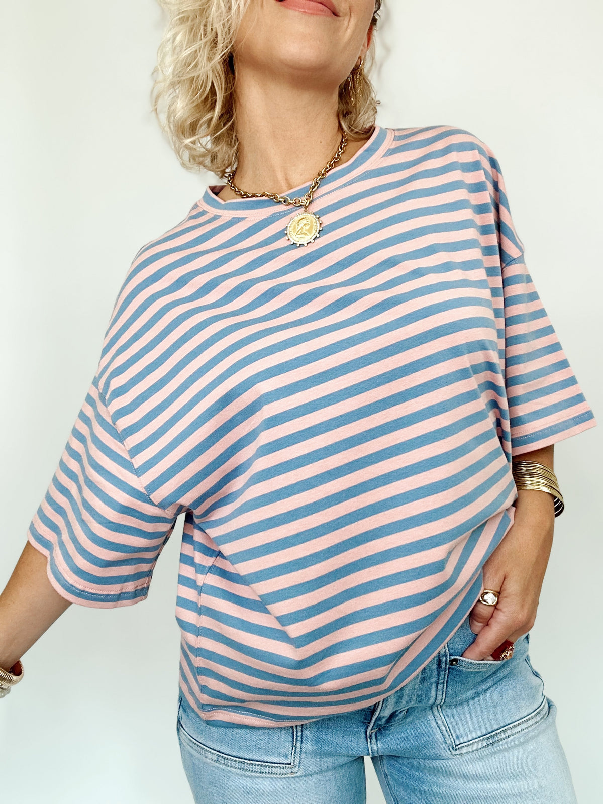 Vivian Stripe Oversized Boyfriend Tee Rose