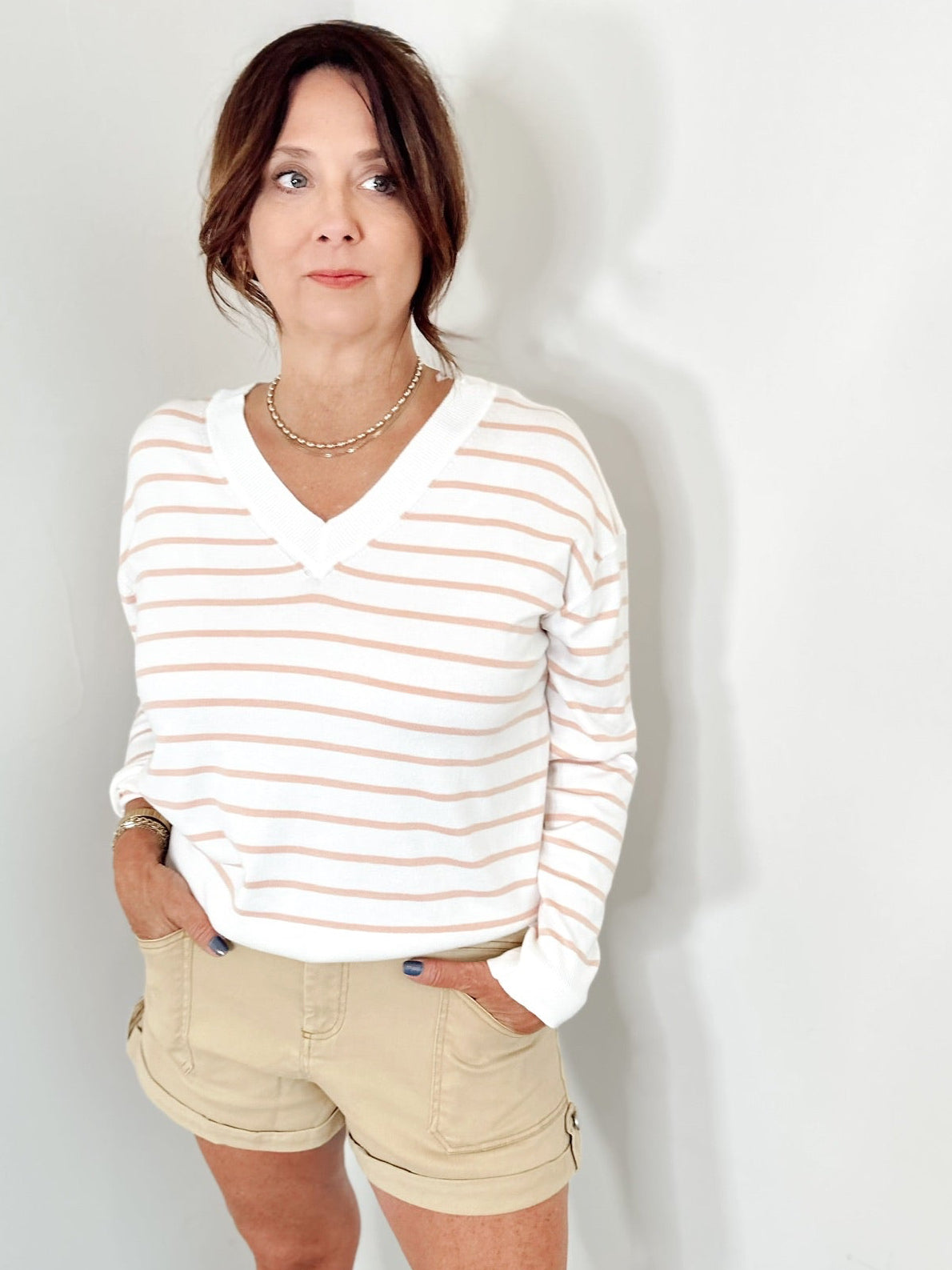 Lauren Striped V-Neck Sweater Peach