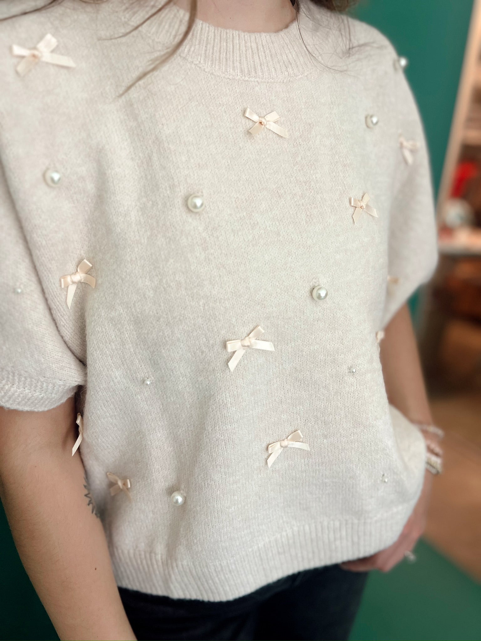 Winter Bow & Pearl Sweater Top