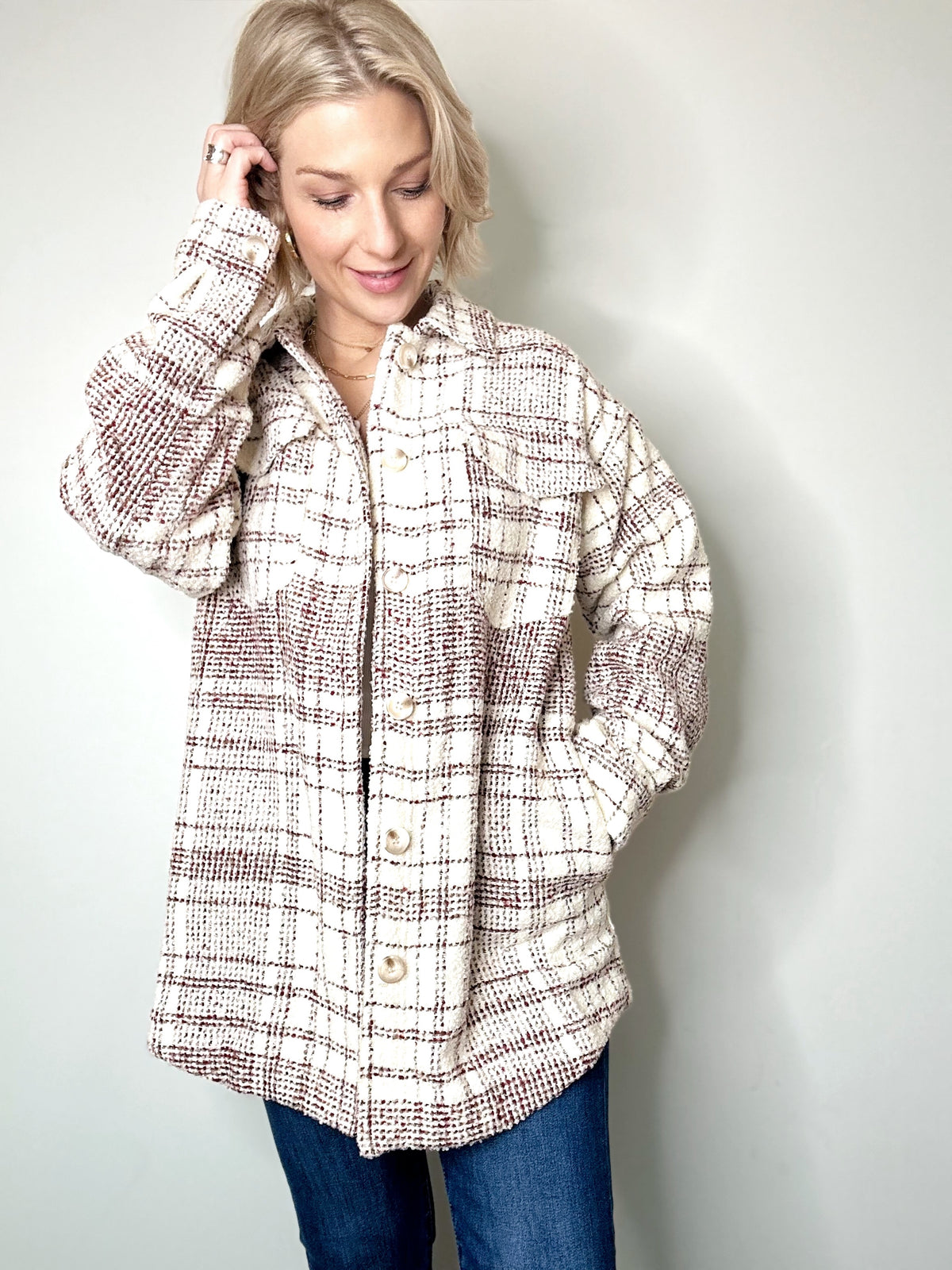 Maya Plaid Shirt Jacket Burgundy/Cream