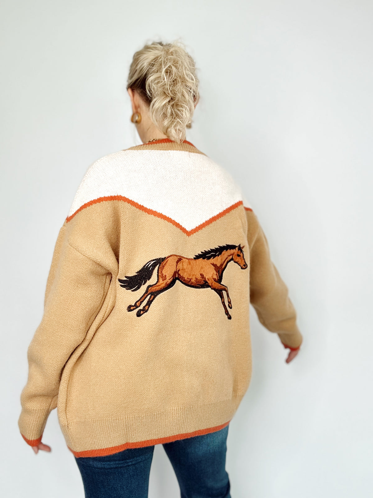 Horse Embroidered Sweater Cardigan Latte