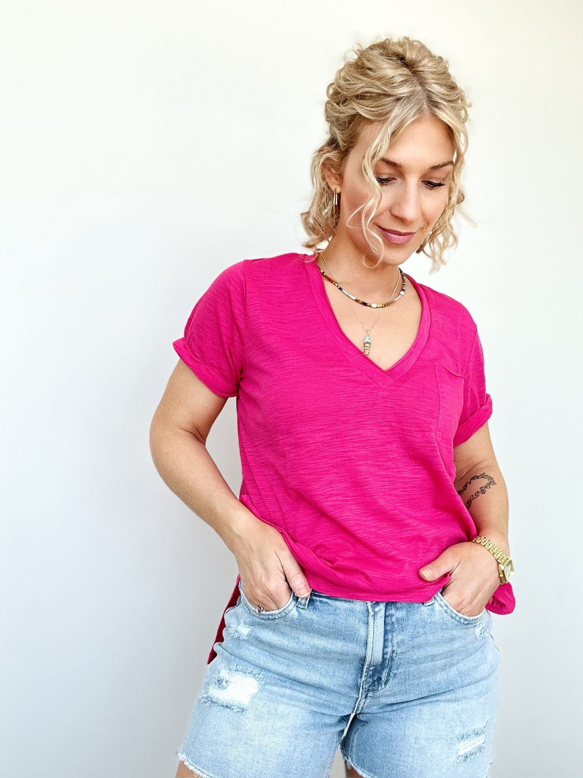 Sydney V-neck Short Sleeve Top Pink