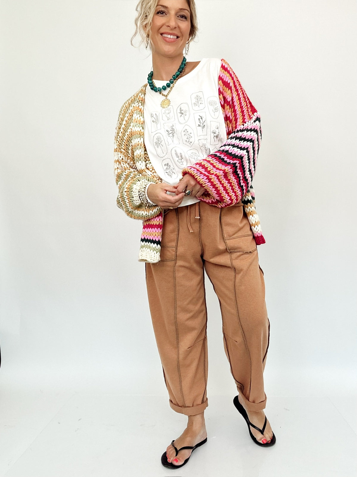 Kim Multi Stripe Chunky Knit Cardigan Cream