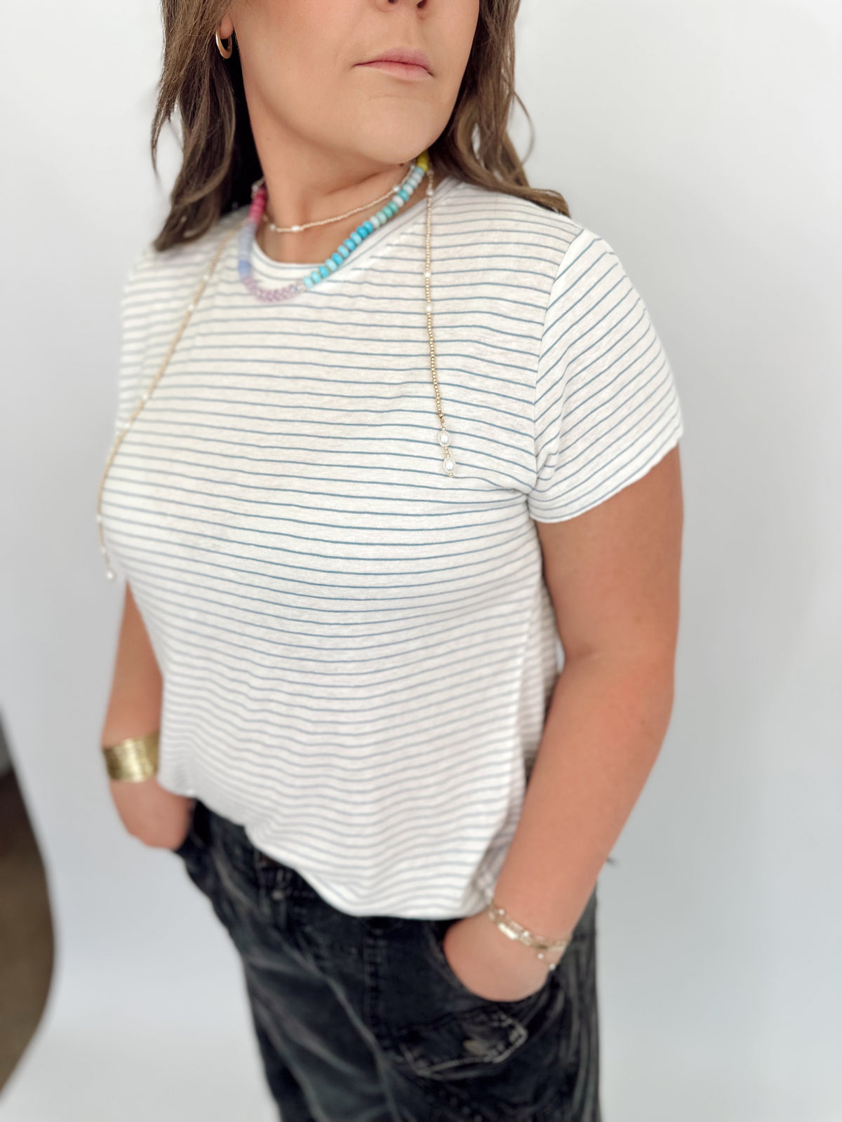 Lilah Linen Blended Striped Tee Retro Blue