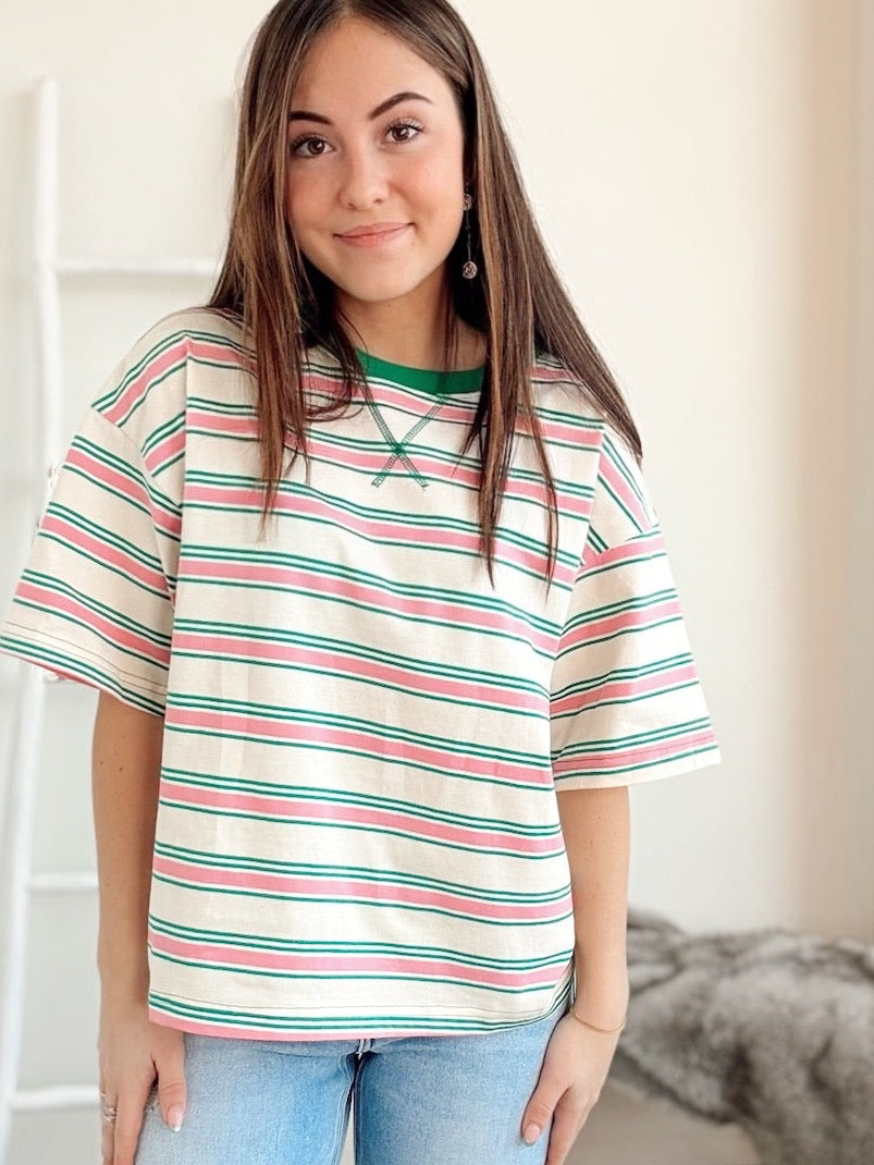 Thea Striped Relaxed Fit Knit Top Cream