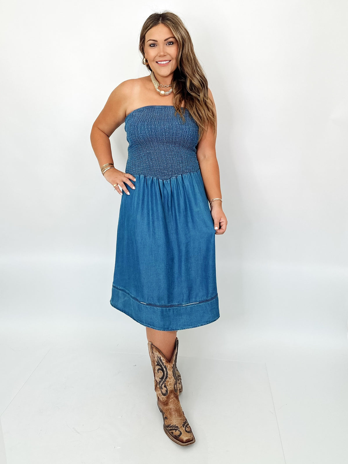Ava Smocked Strapless Denim Midi Dress Blue